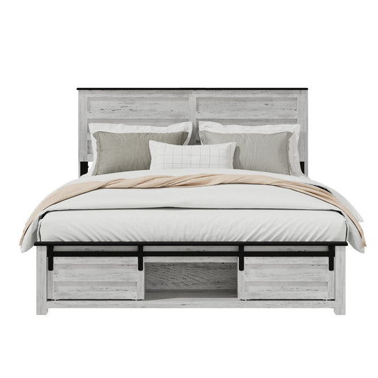 Whitewashed farmhouse bed with storage drawers