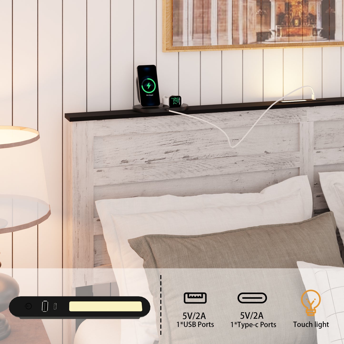 Black bedside lamp with USBA and USBC ports