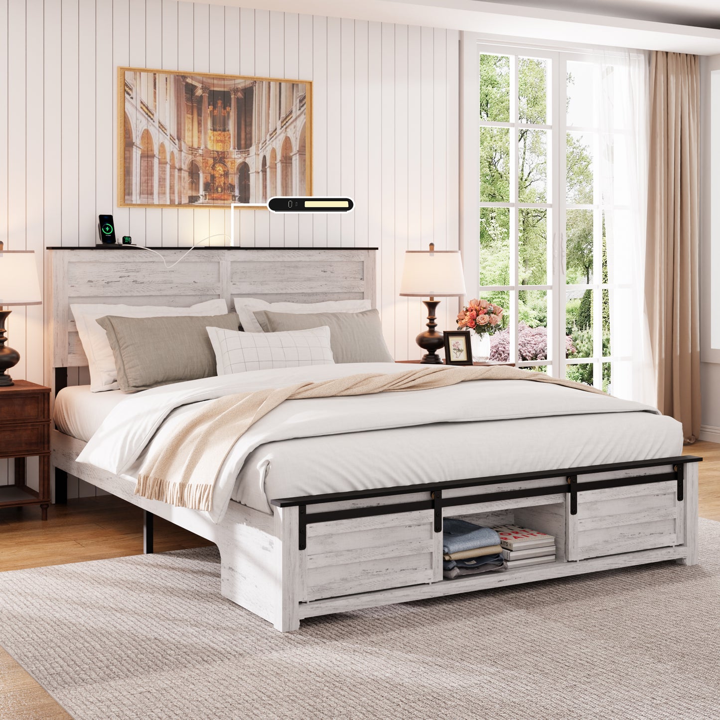 Rustic white distressed wood king bed frame with barn door storage