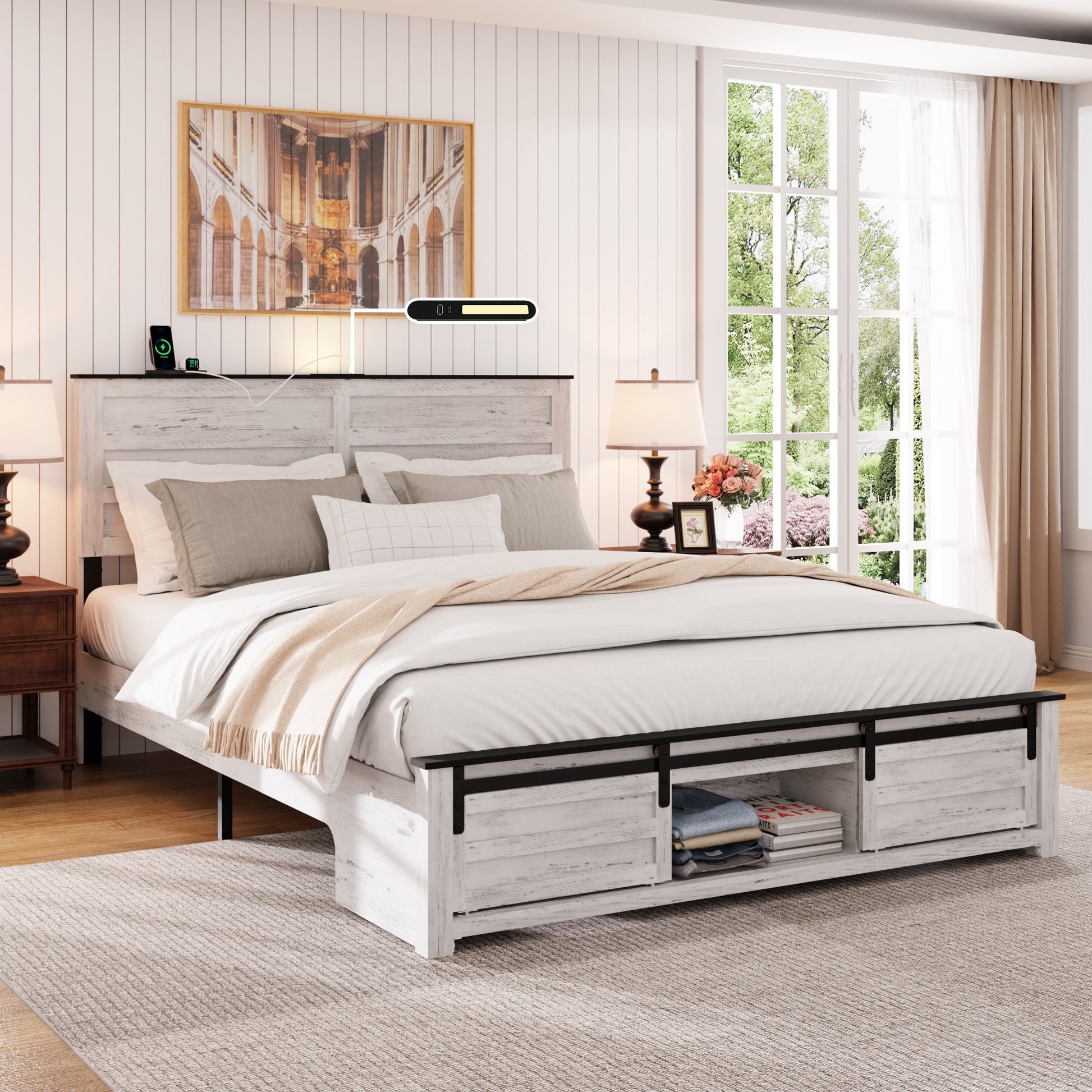 Rustic white distressed wood king bed frame with barn door storage
