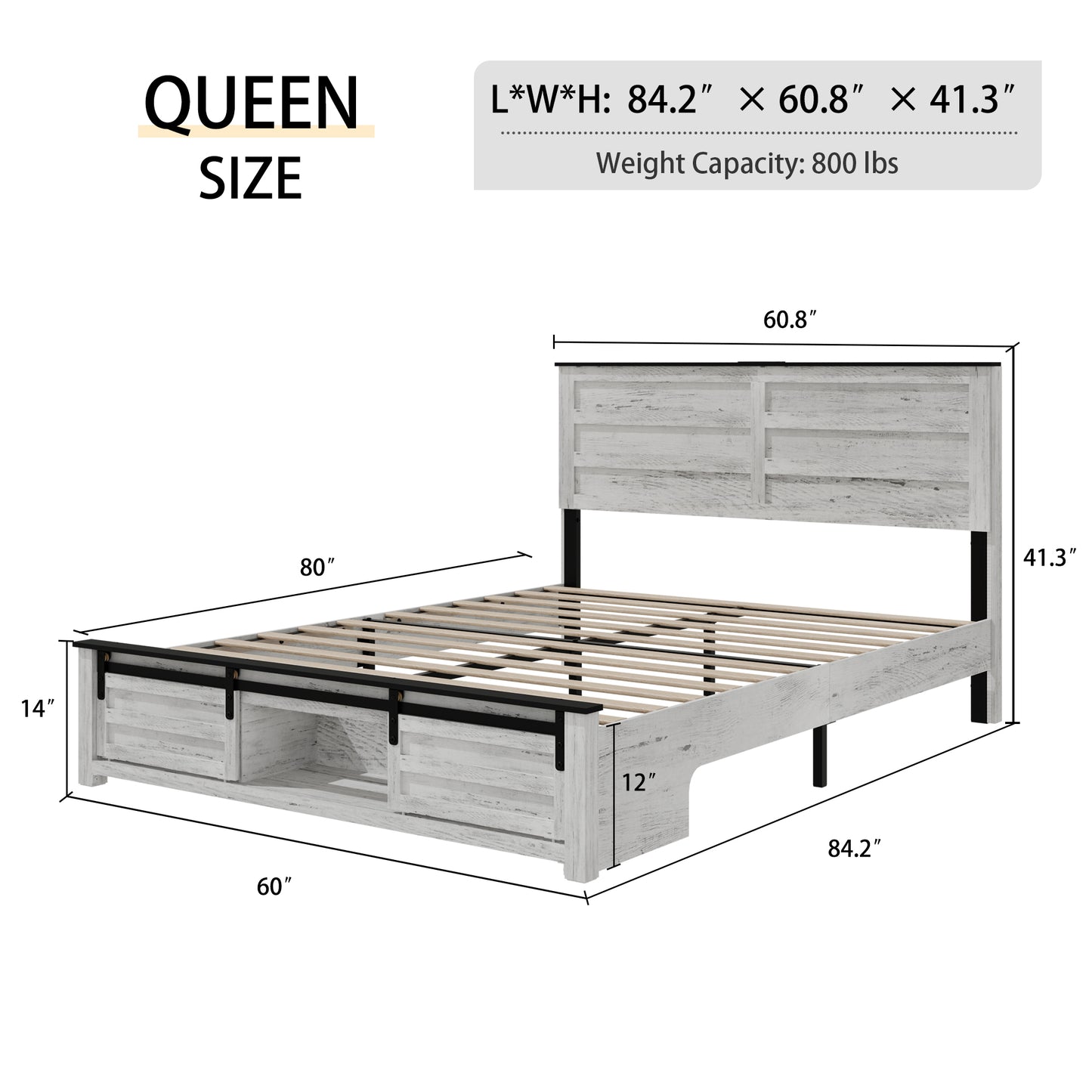Whitewashed wood queen size platform bed with storage drawers and barn door accents