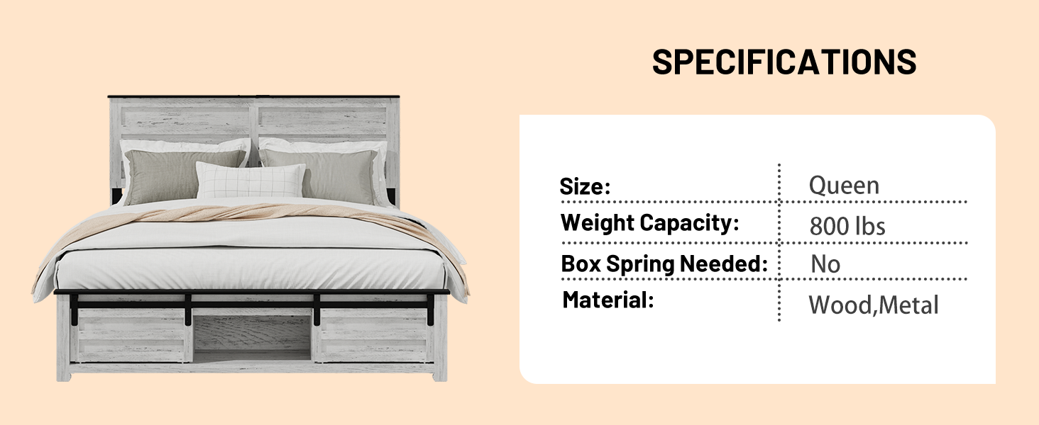 Distressed white wood and metal queen bed frame with storage