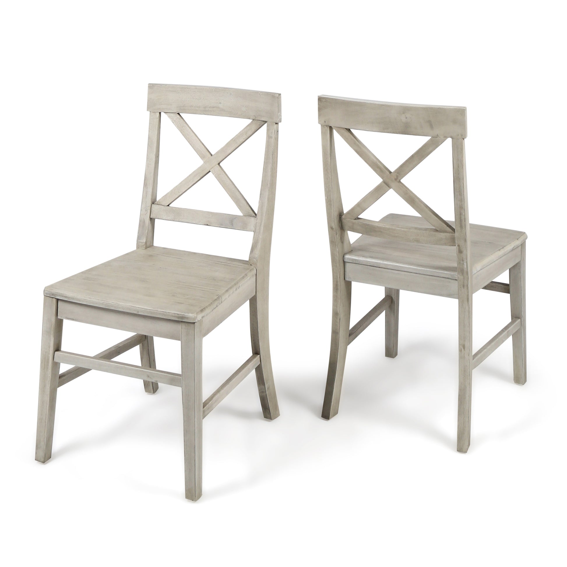 Rustic grey wooden dining chair with Xback detail and solid seat
