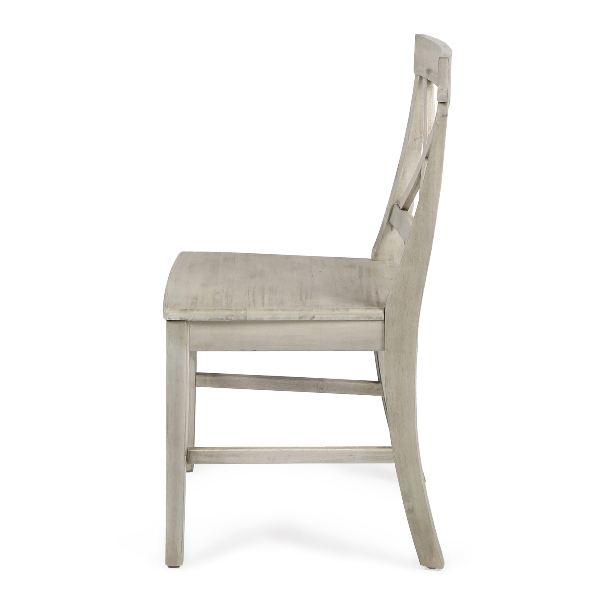 Light gray distressed wooden dining chair with crisscross back