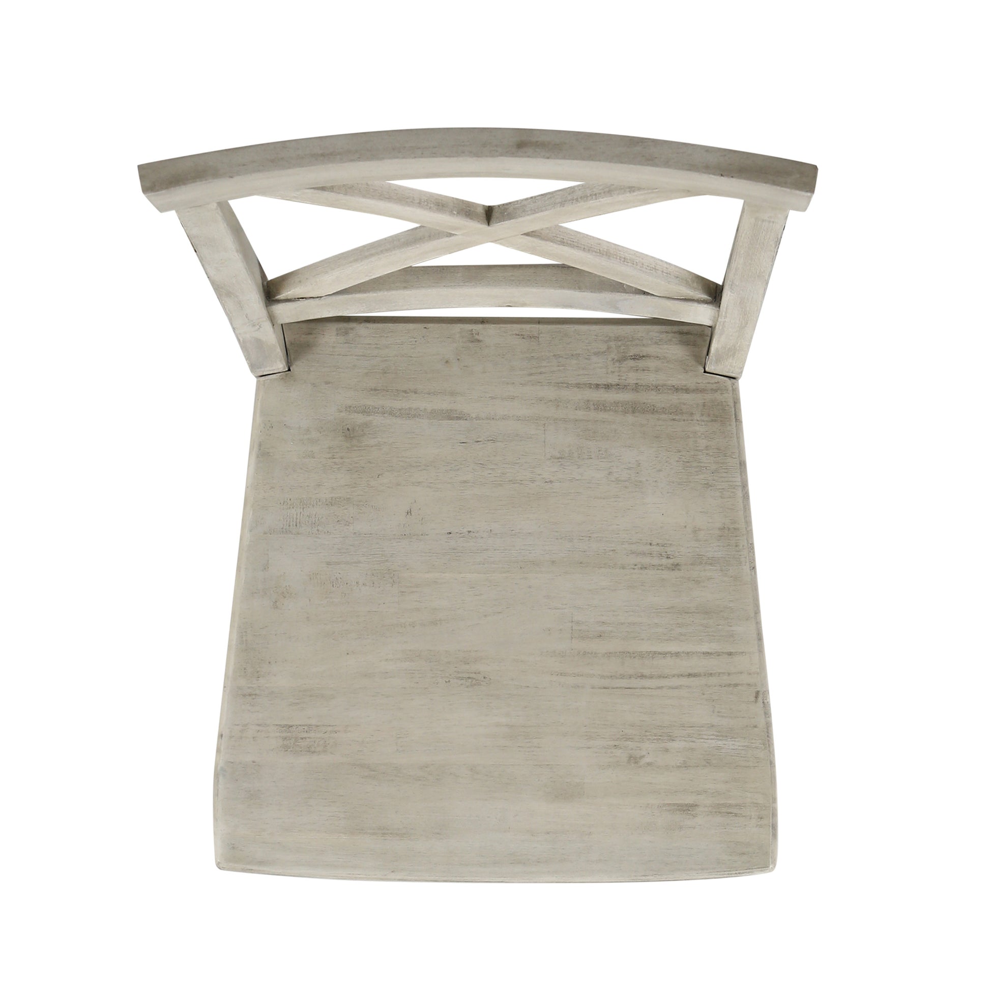 Distressed white wooden bar stool with crisscross back detail