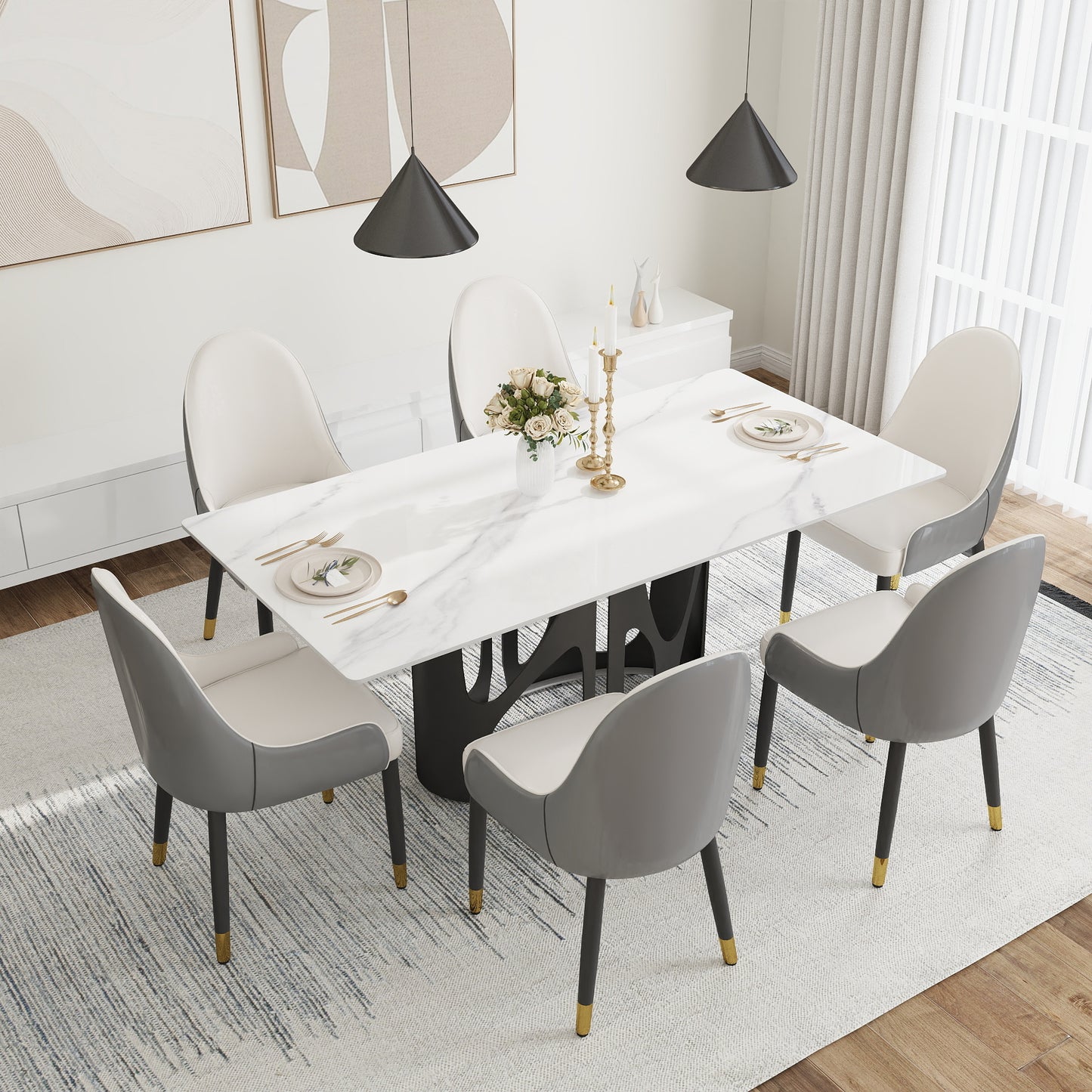 Modern marble dining table with six gray and white chairs and gold accents