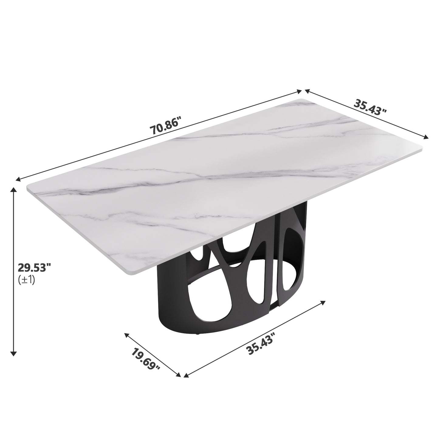Rectangular marble dining table with black sculptural base