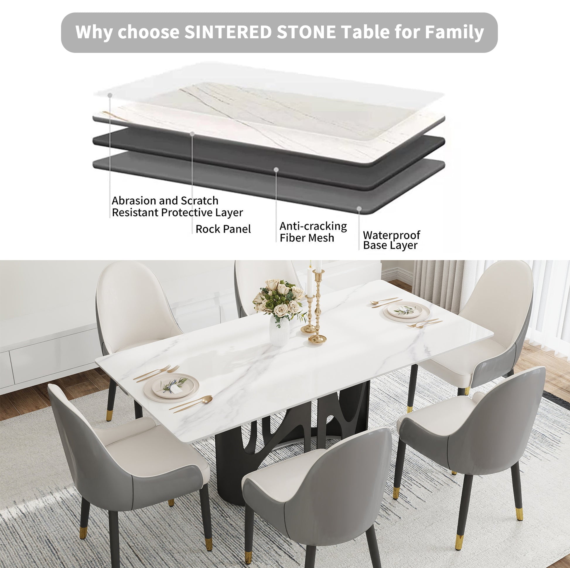 Sintered stone dining table with white marble finish and black base