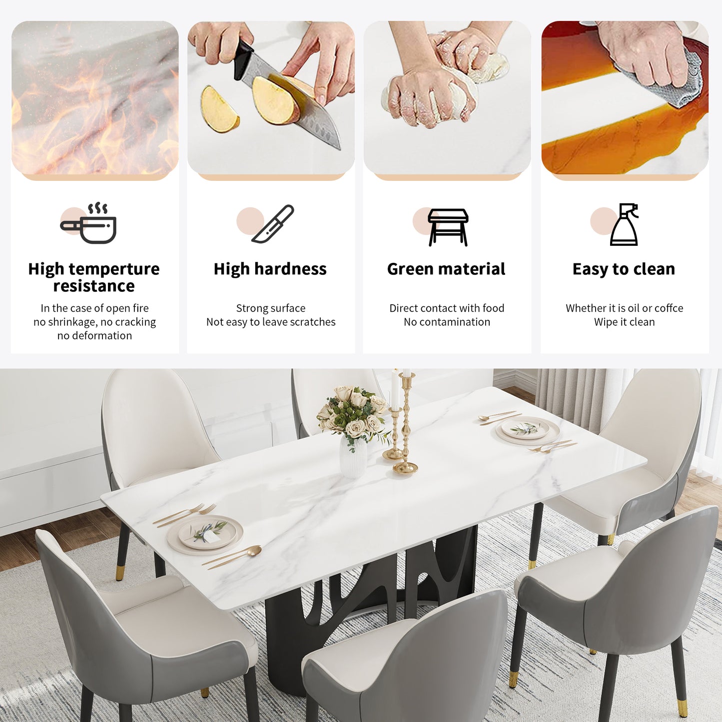 Modern dining table with white marble top and black abstract base
