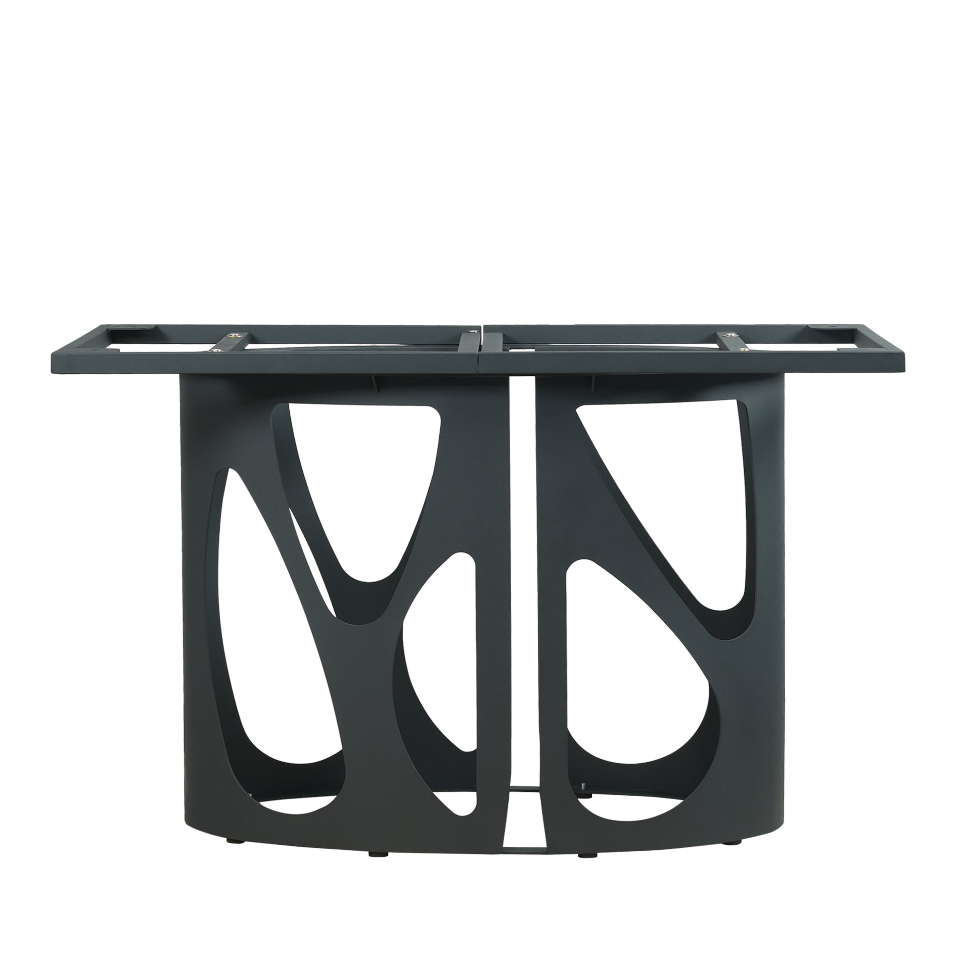 Dark gray abstract metal table base with organic cutouts