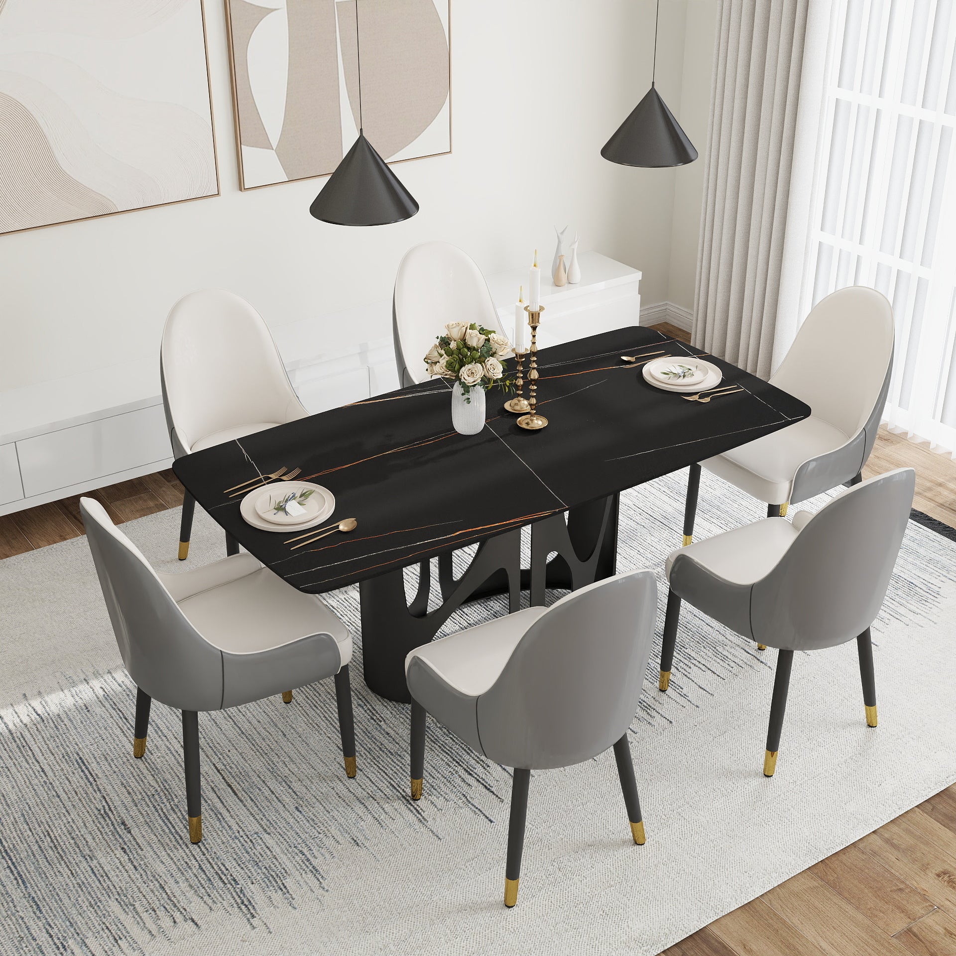 Modern black sintered stone dining table with gold veining