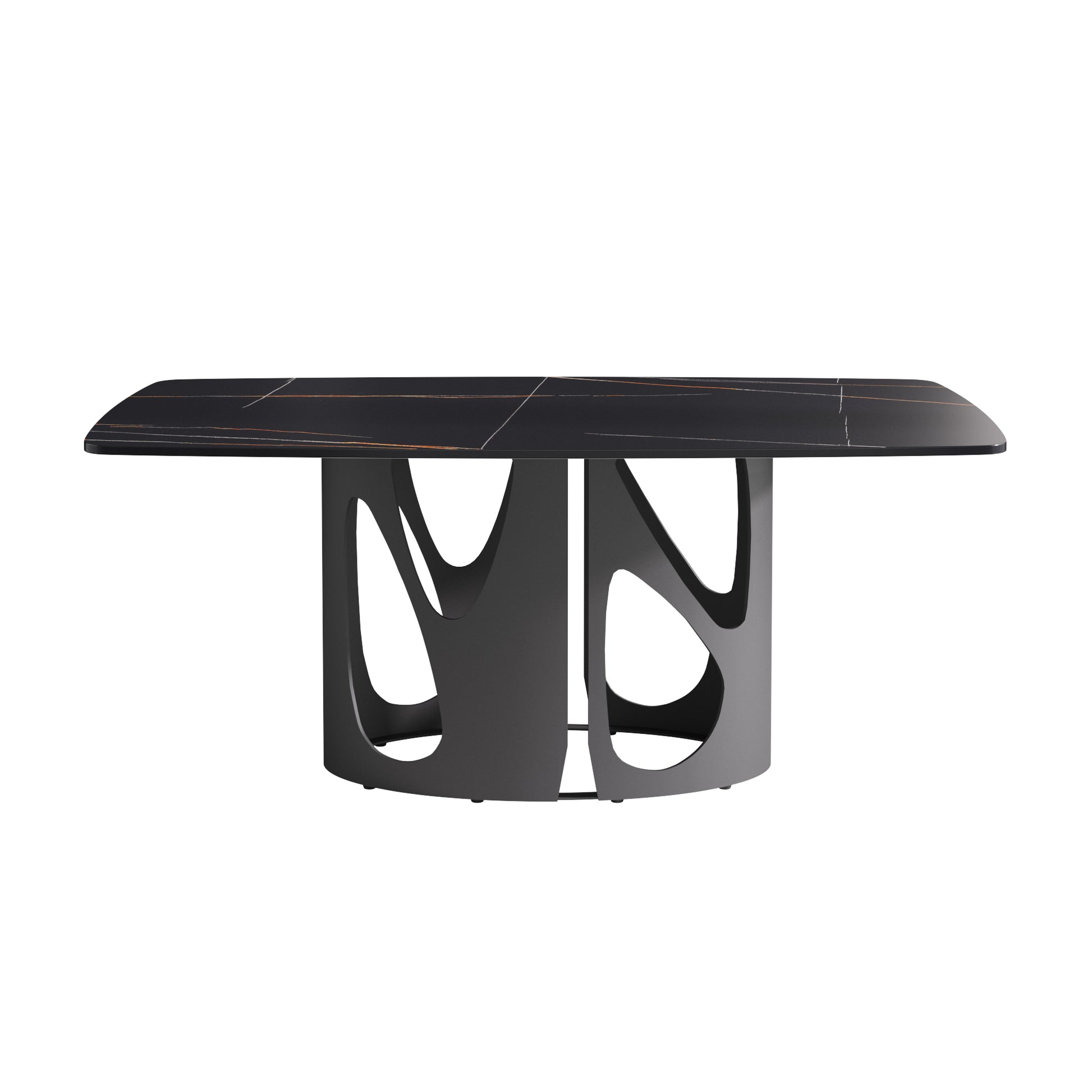 Black marble dining table with gold veins and unique pedestal base