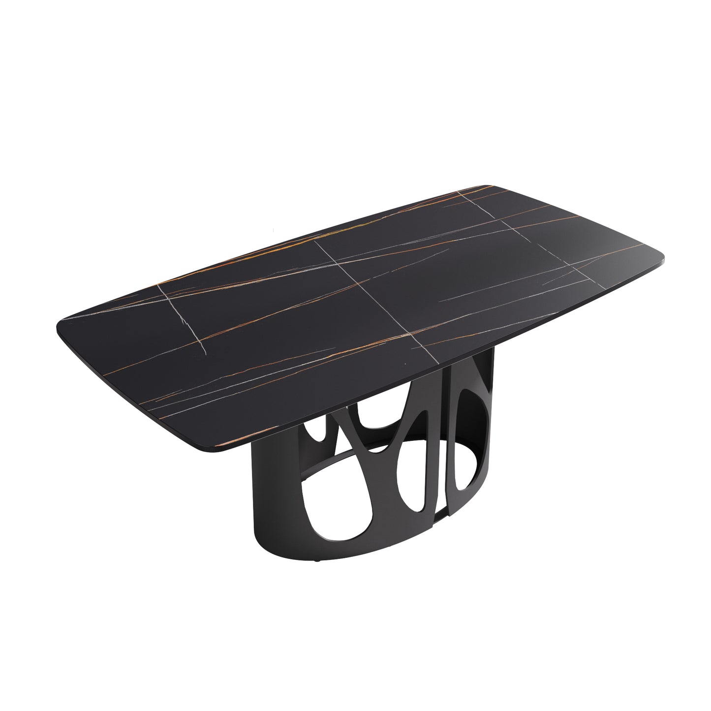 Black marble dining table with gold veining and sculptural base