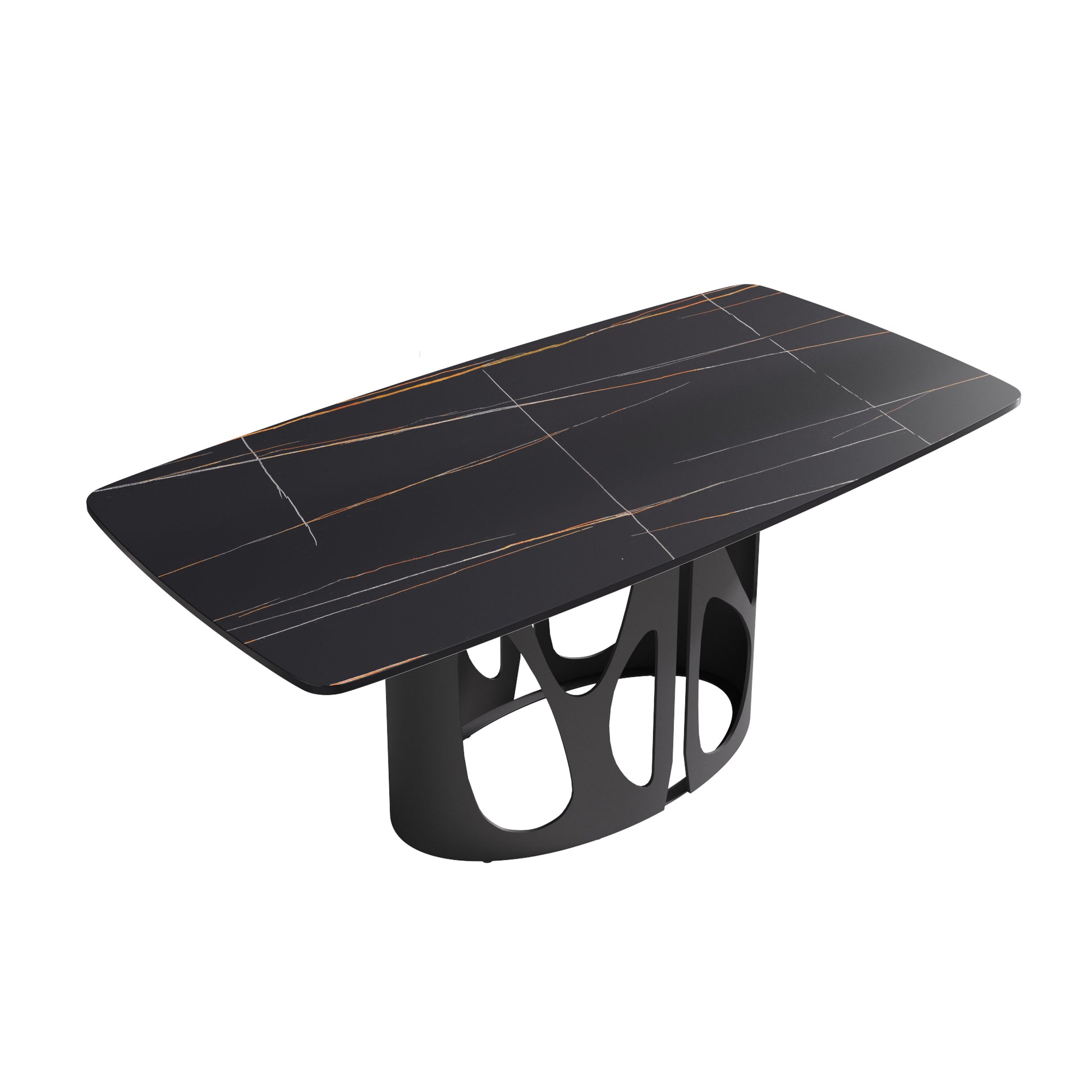Black marble dining table with gold veining and sculptural base