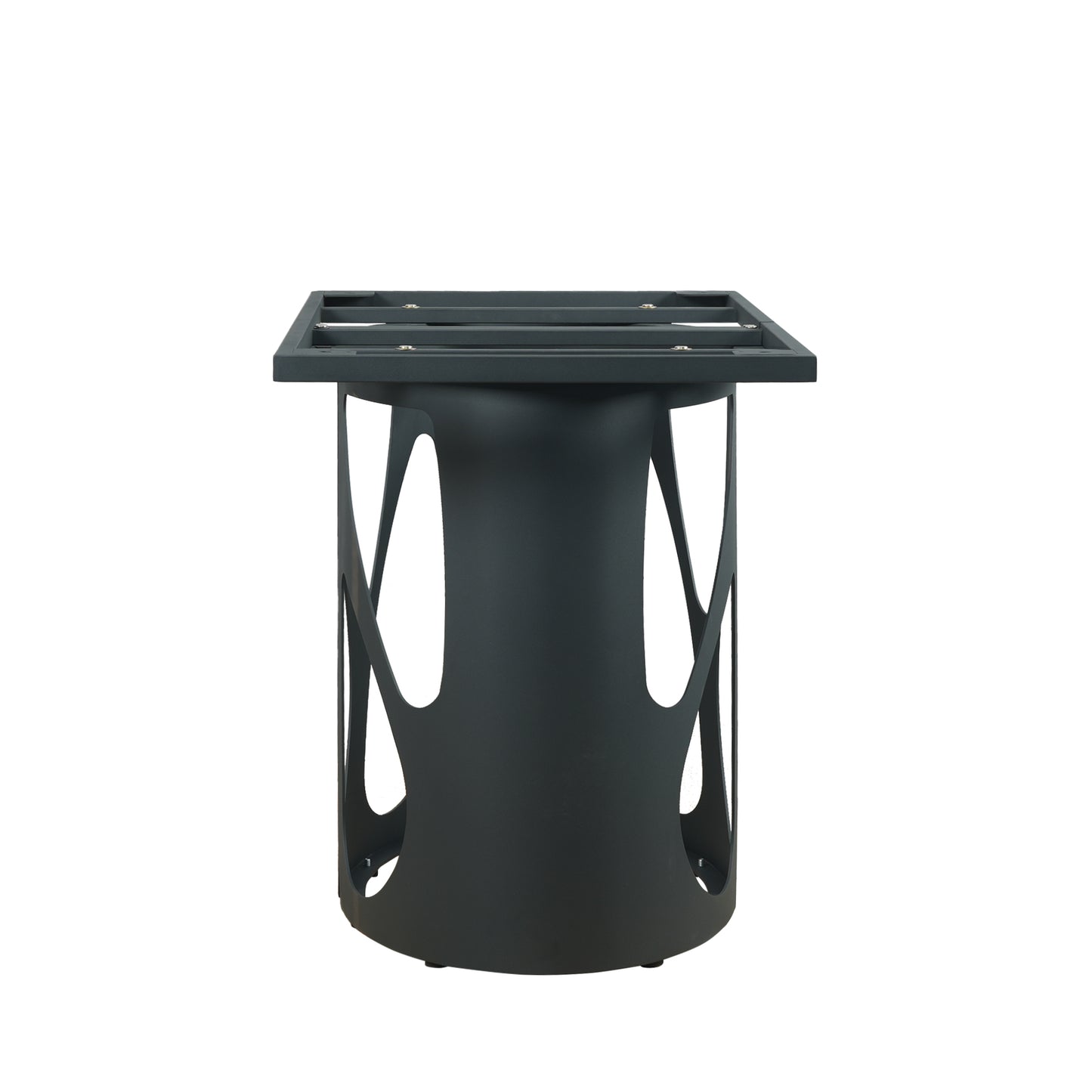 Modern dark grey metal table base with cutout design