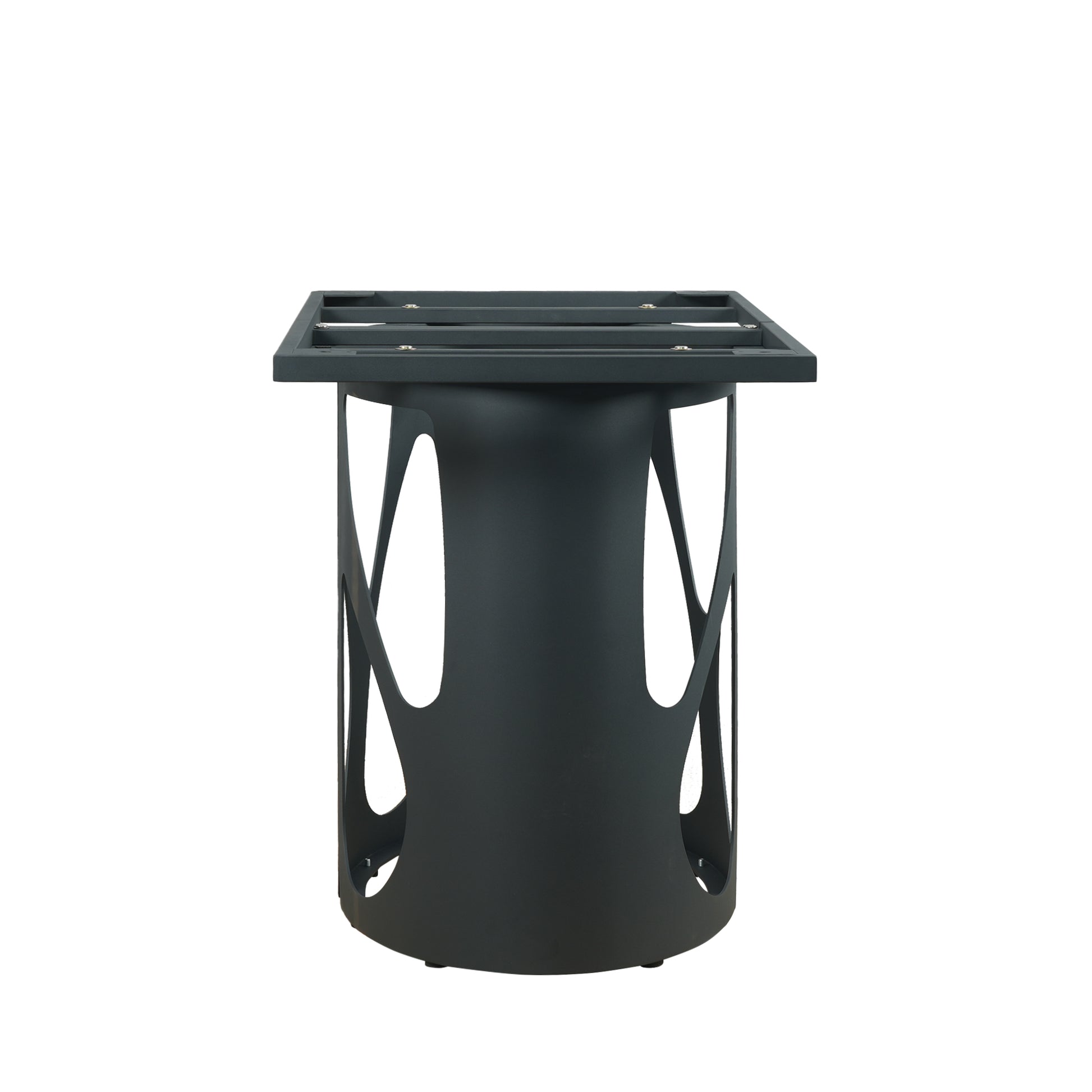 Modern dark grey metal table base with cutout design