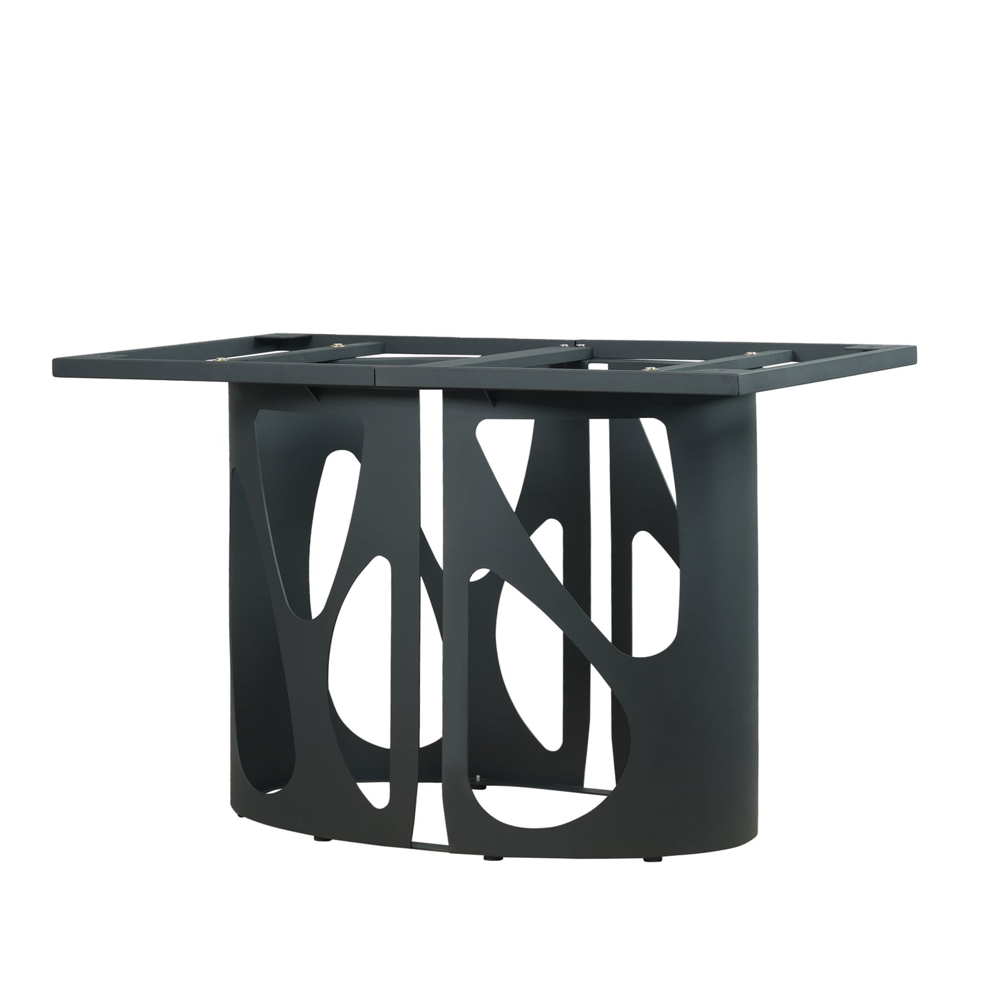 Modern dark grey metal dining table base with abstract cutouts