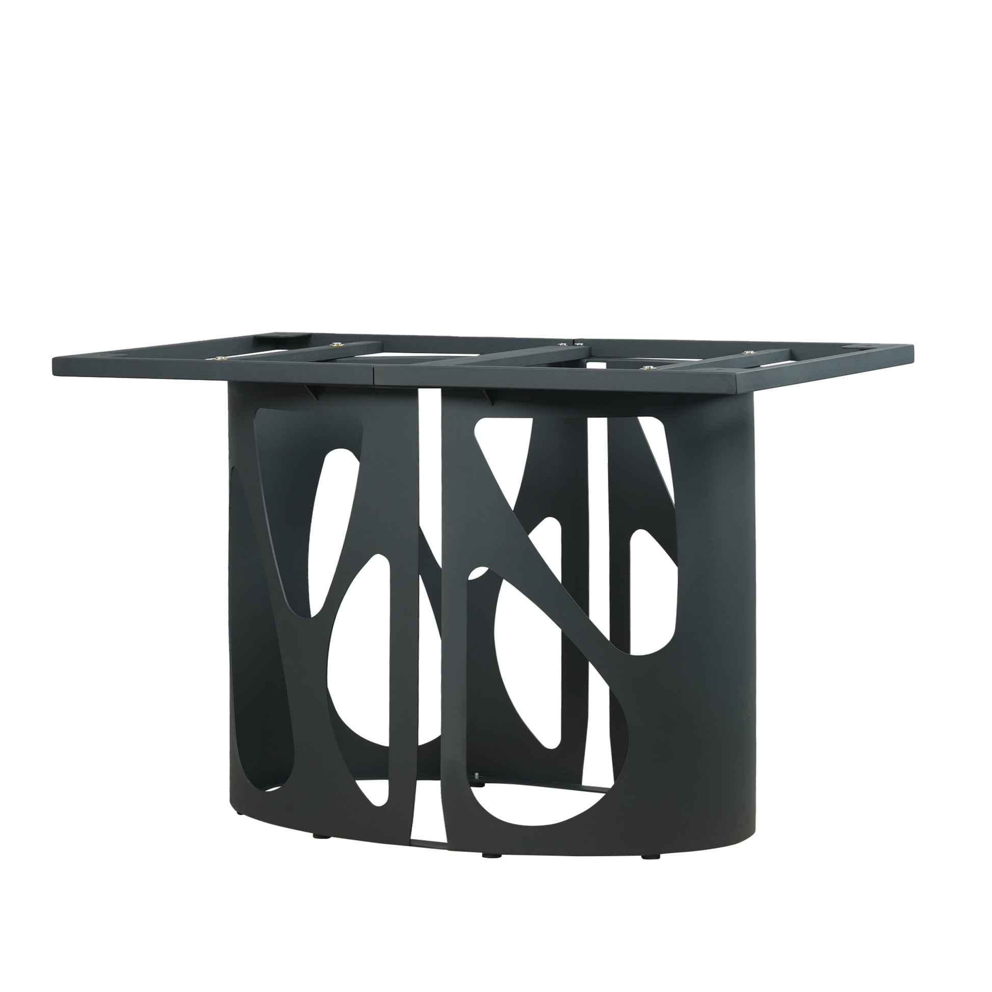 Modern dark grey metal dining table base with abstract cutouts