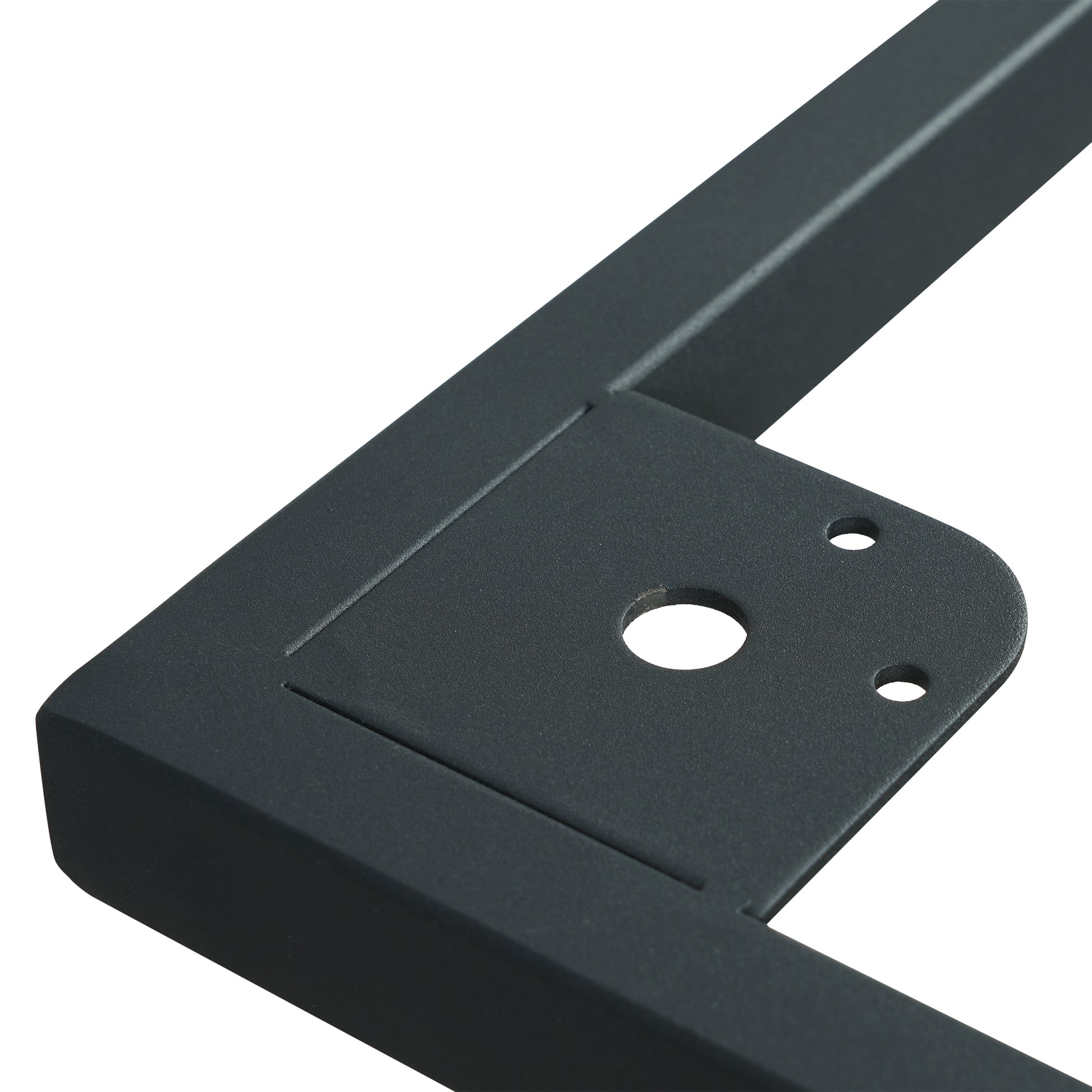 Dark grey metal corner bracket with two screw holes