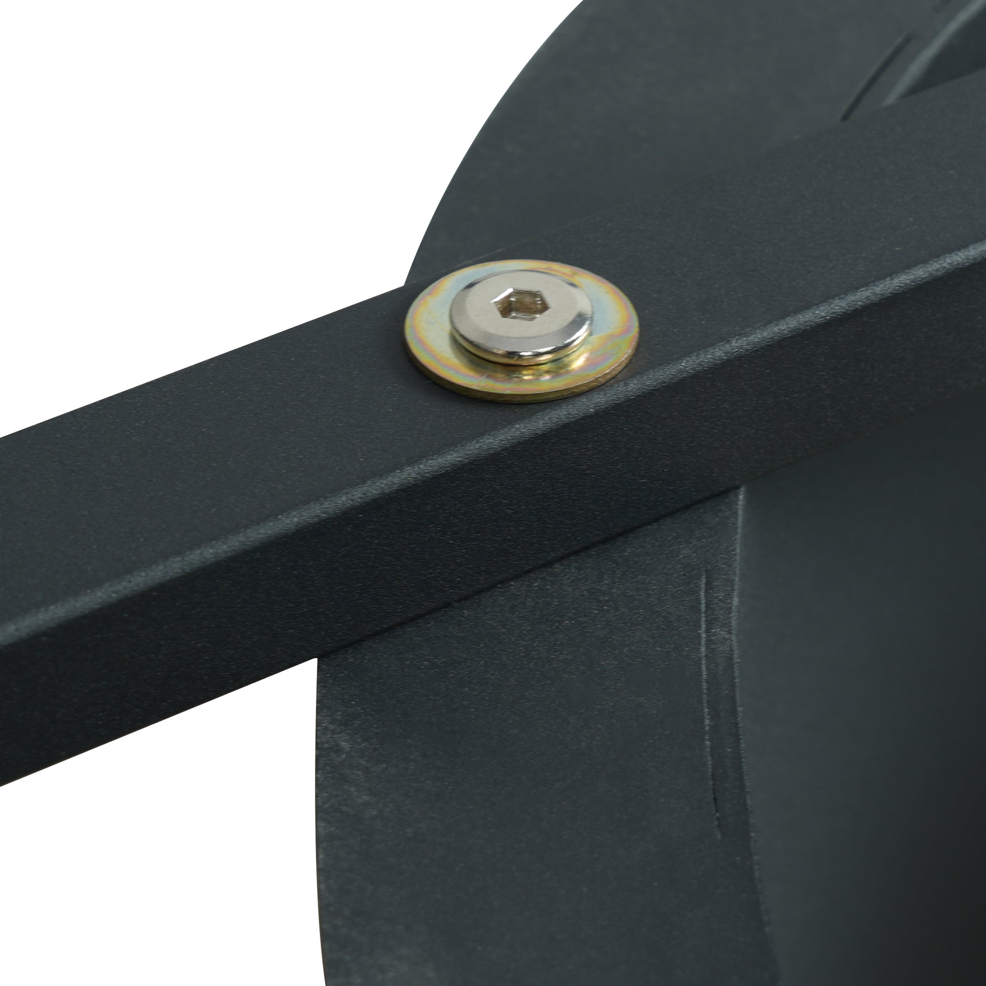Closeup of a hex bolt with a washer on black metal bracket