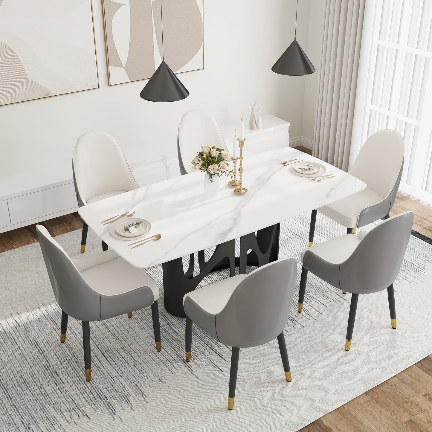 Modern marble dining table set with six upholstered chairs