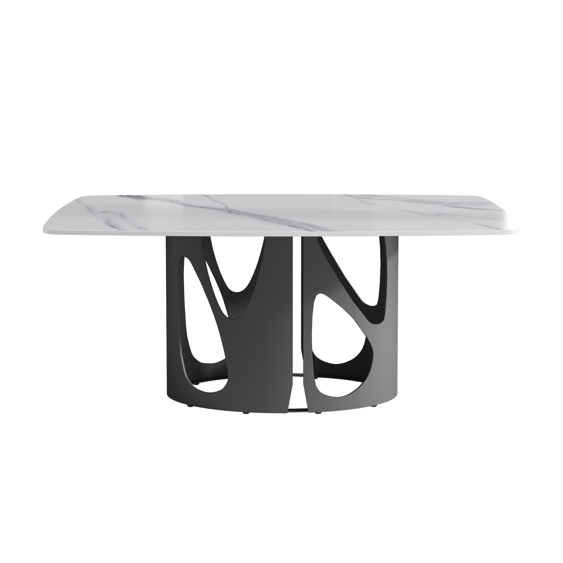 White marble top coffee table with sculptural dark gray base