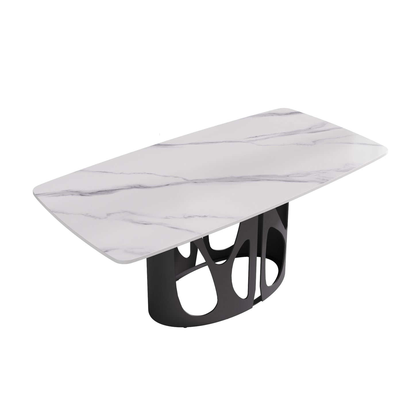Rectangular white marble top dining table with abstract black metal base