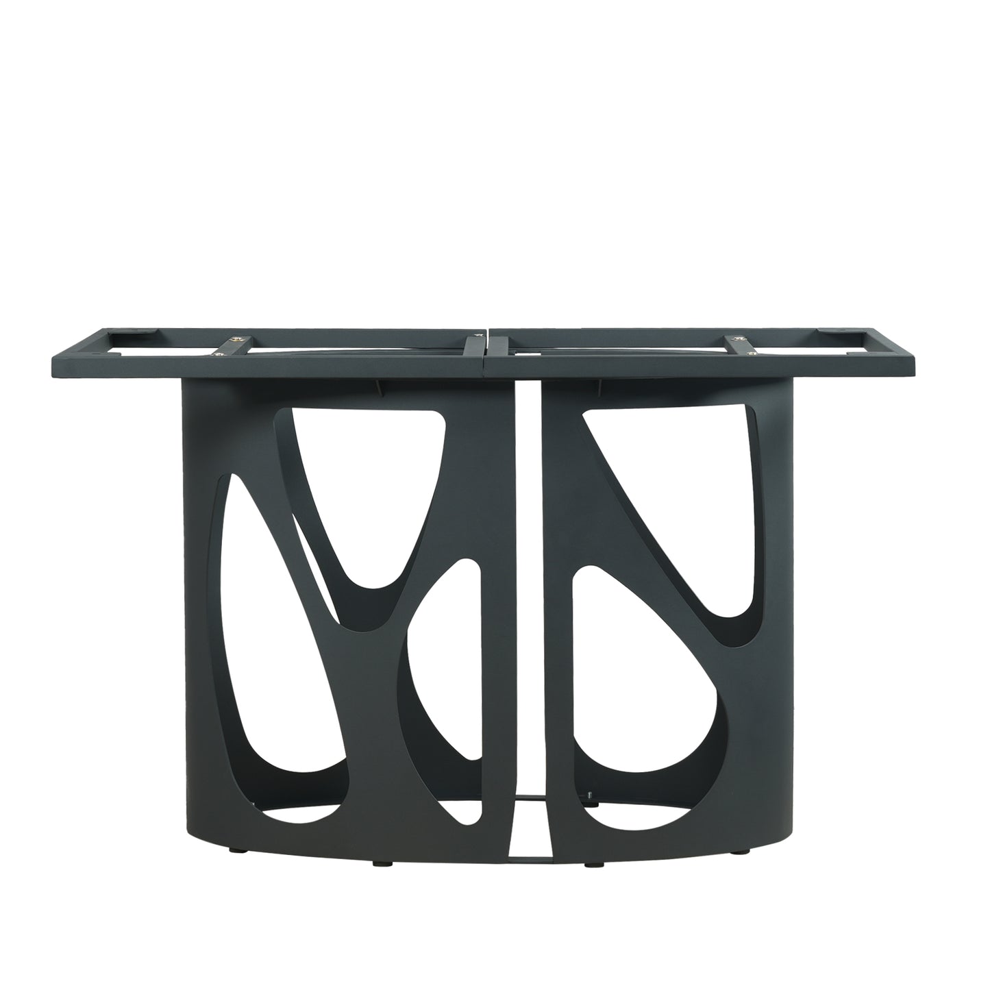 Dark gray metal table base with abstract cutouts and top frame