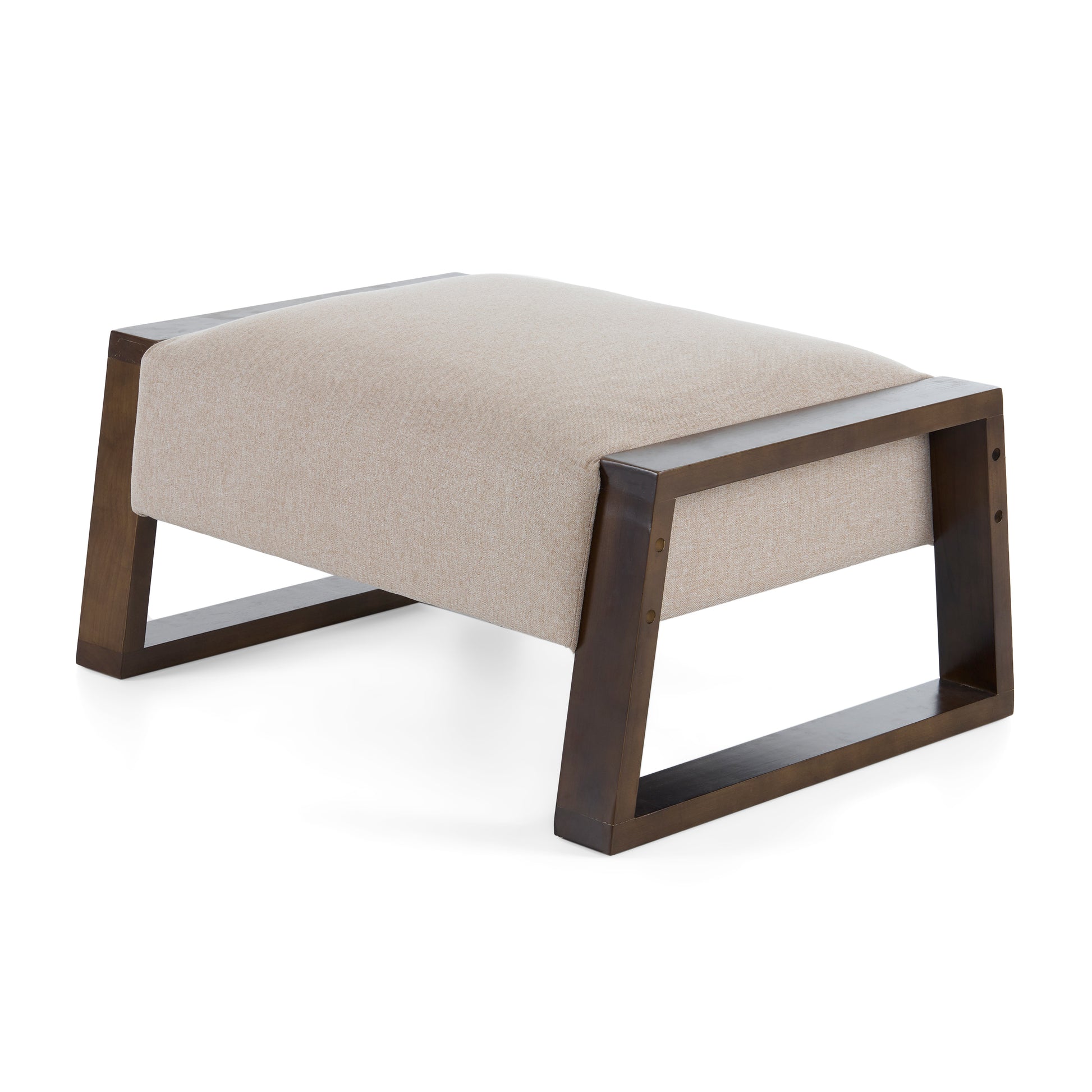 Beige upholstered ottoman with modern dark wood frame