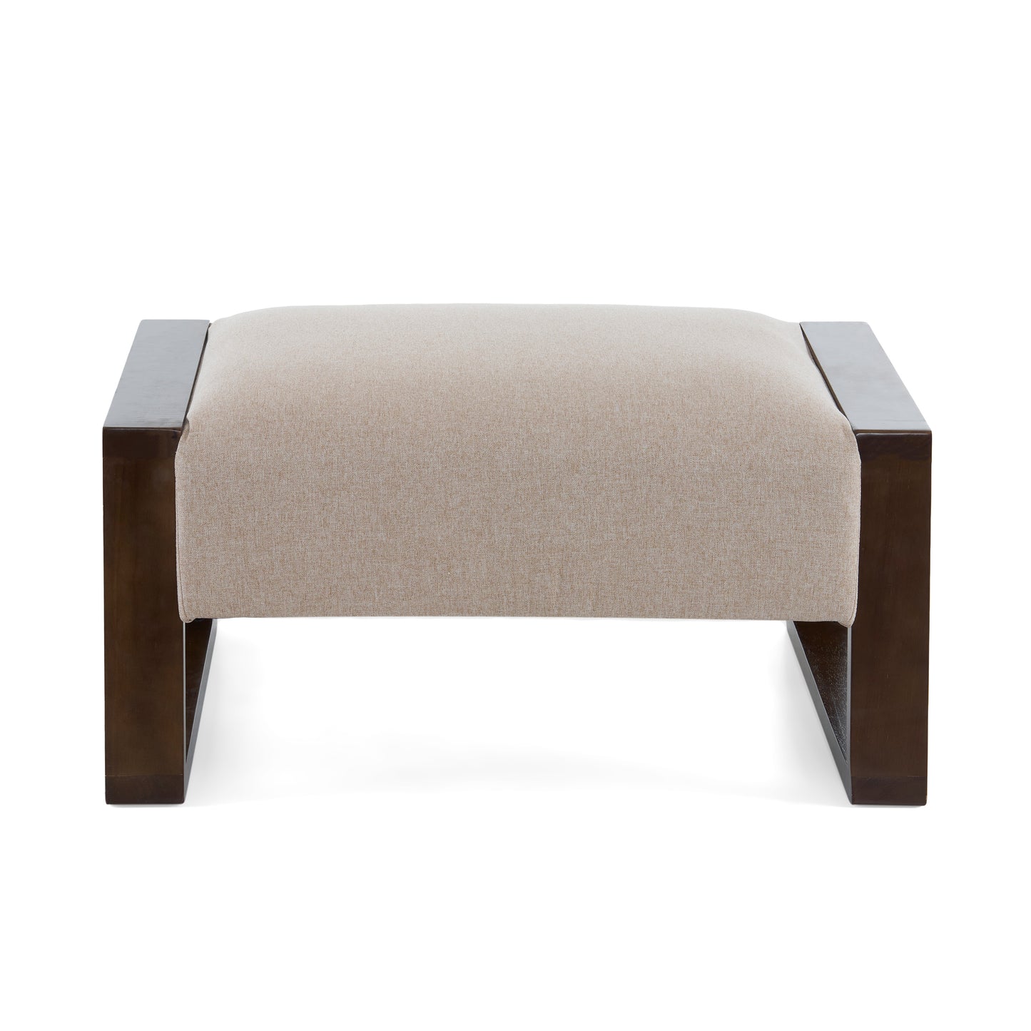 Beige linen upholstered ottoman with dark wood frame