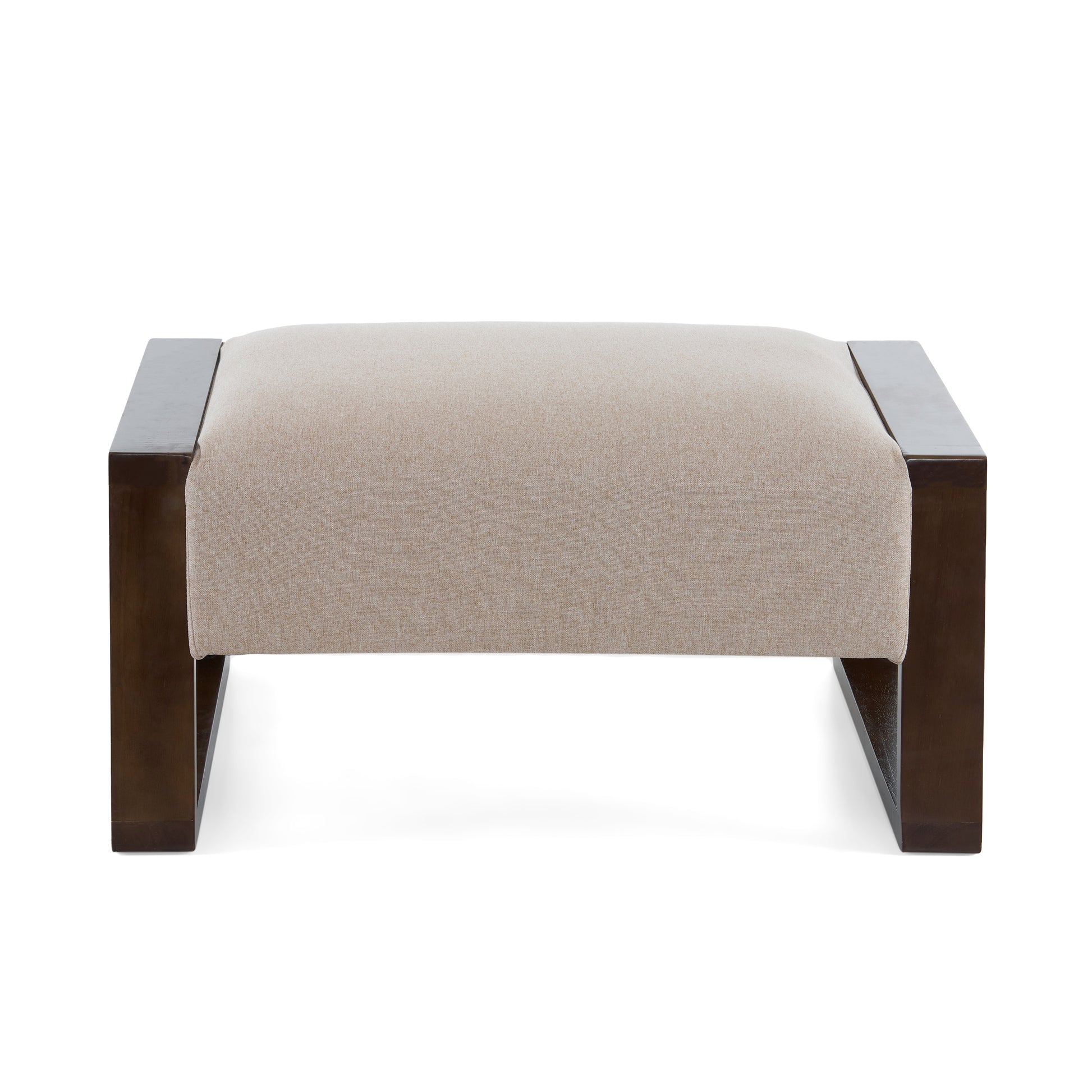 Beige linen upholstered ottoman with dark wood frame