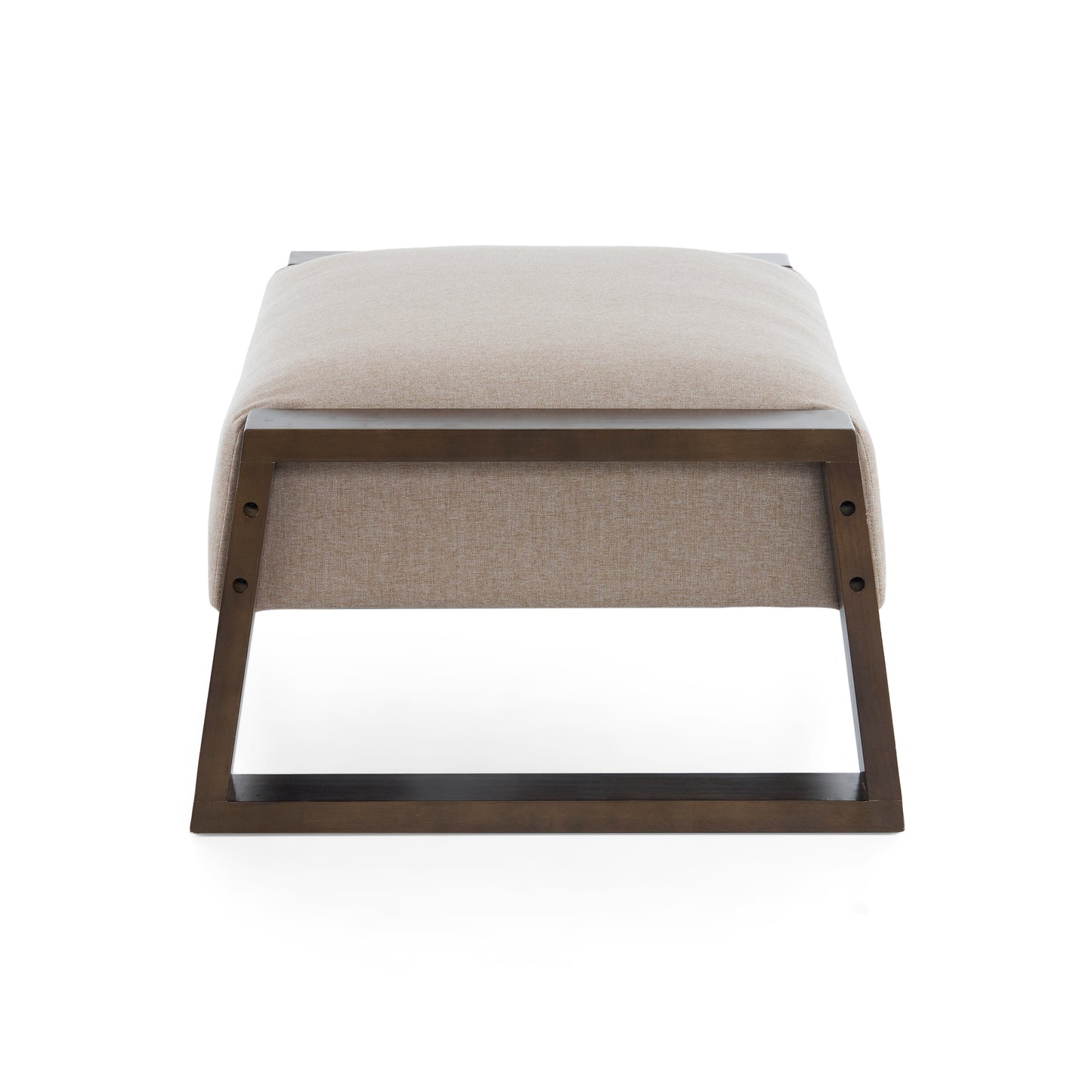 Beige fabric ottoman with dark wood frame
