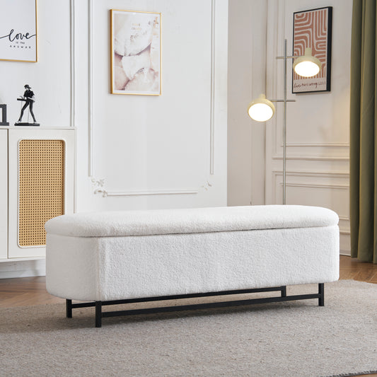 White boucle storage bench with black metal legs