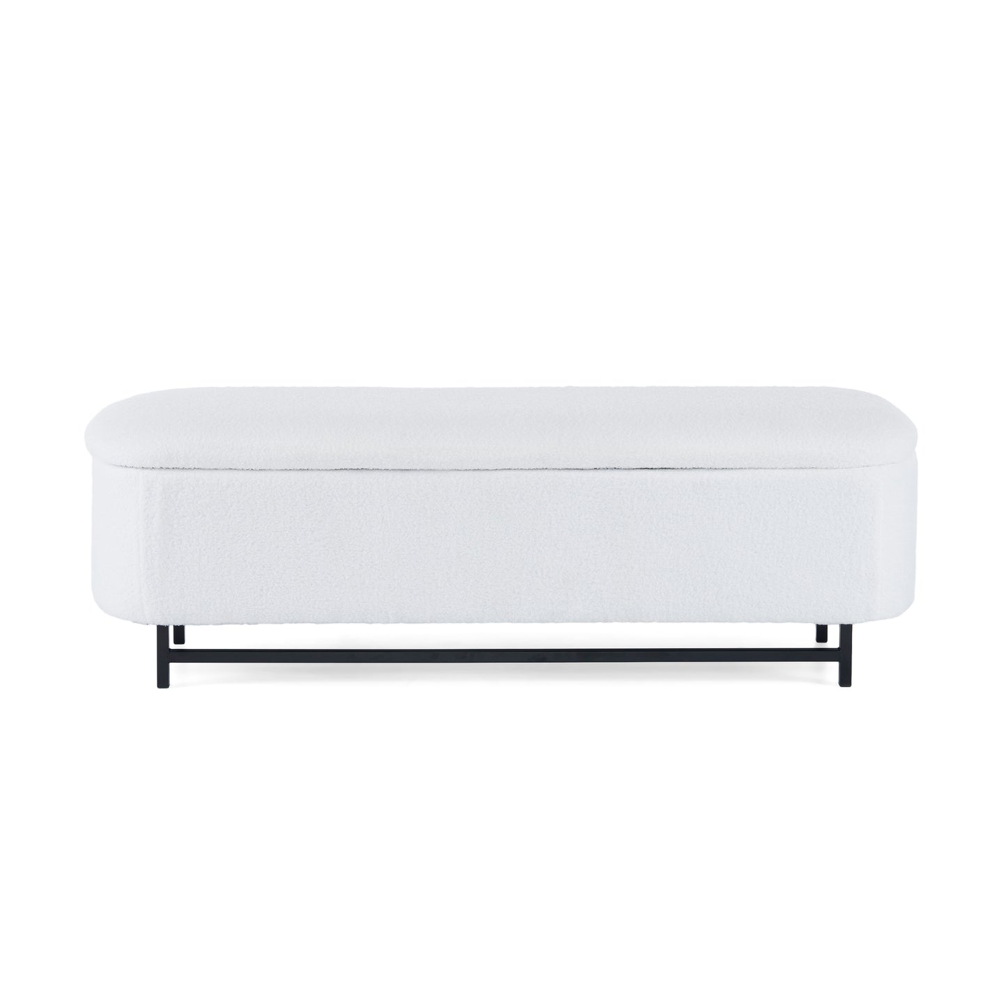 White boucle storage bench with black metal legs
