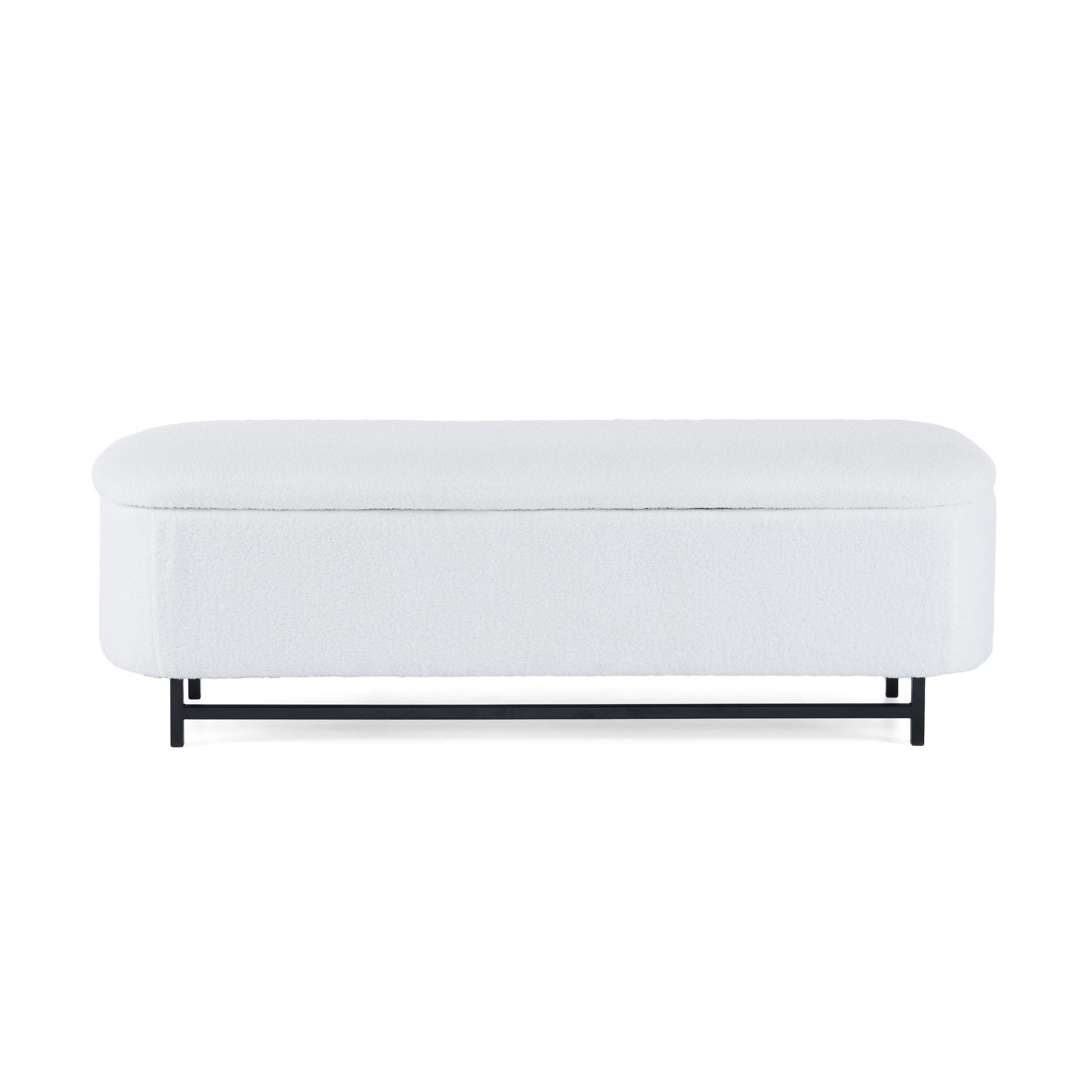 White boucle storage bench with black metal legs