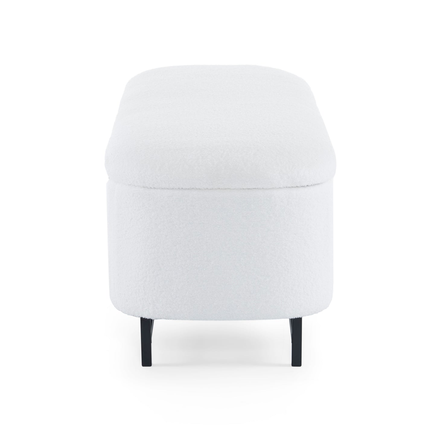 White boucle storage ottoman with black metal legs