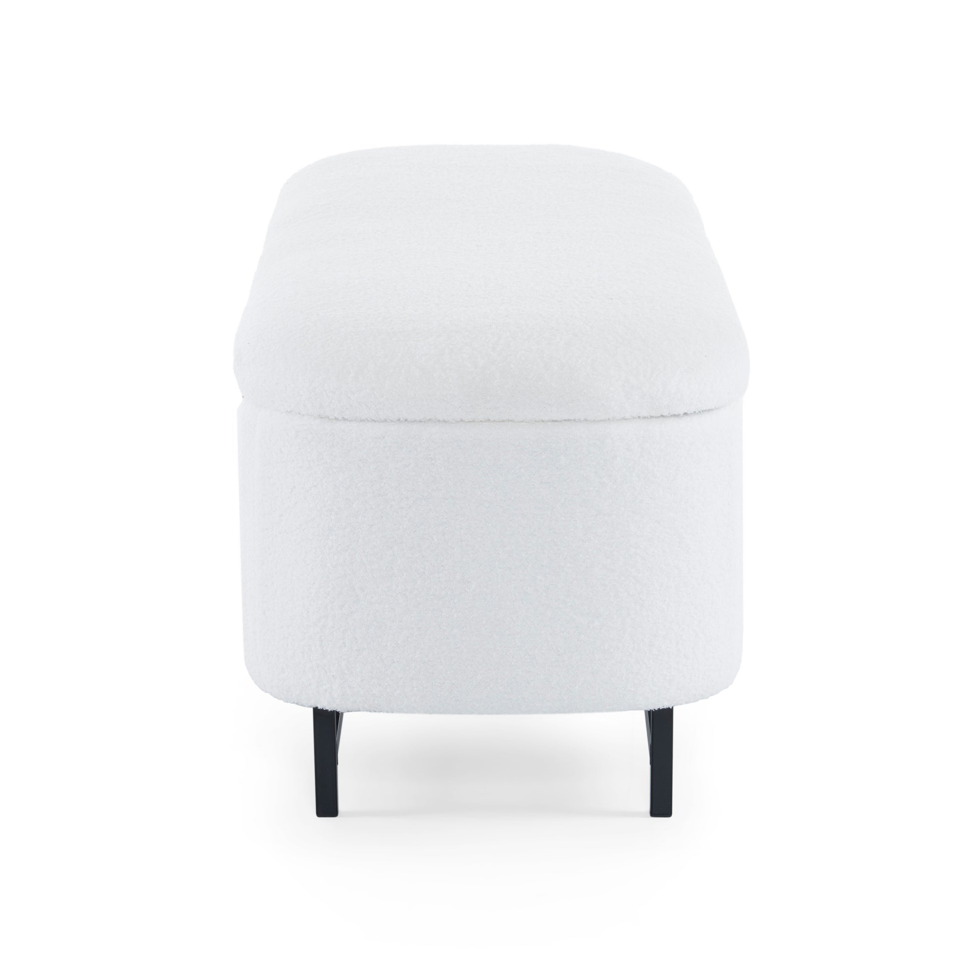 White boucle storage ottoman with black metal legs