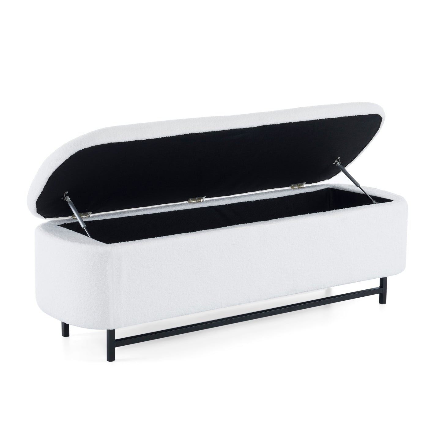 White boucle storage bench with open lid revealing black interior
