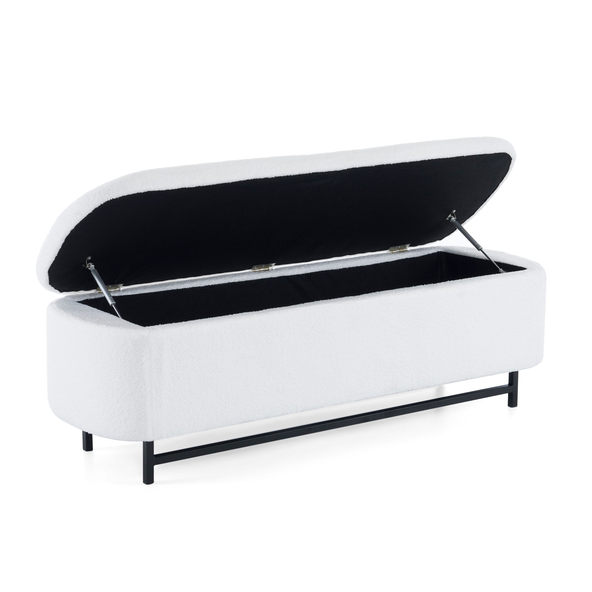 White boucle storage bench with open lid revealing black interior