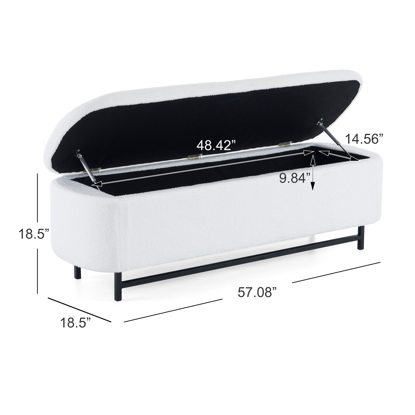 White boucle storage ottoman with open lid revealing black interior and metal legs