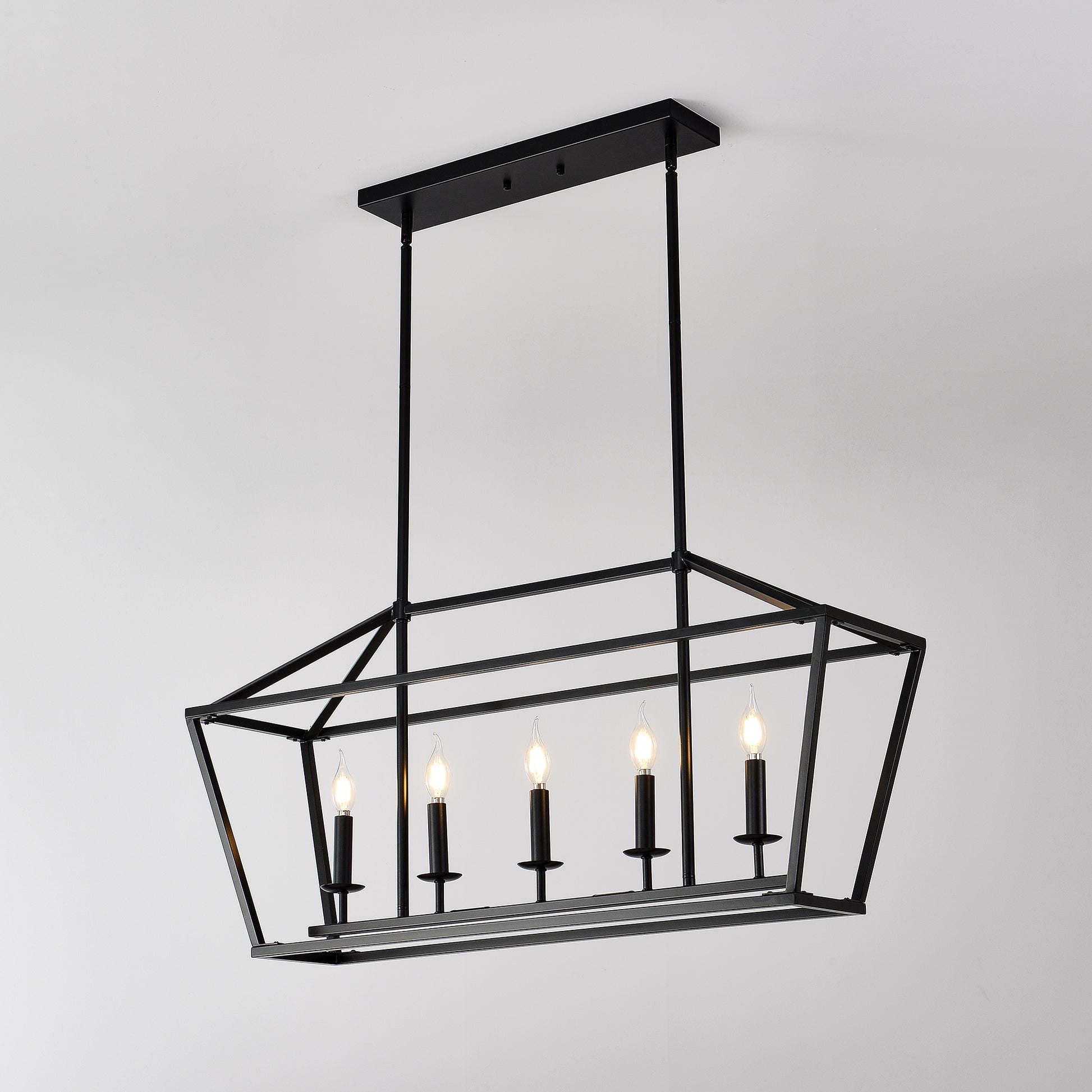 Black geometric pendant light with five candelabra bulbs