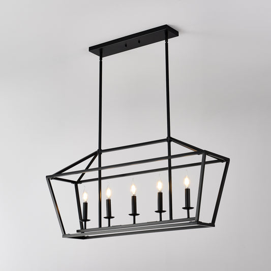 Black geometric pendant light with five candelabra bulbs
