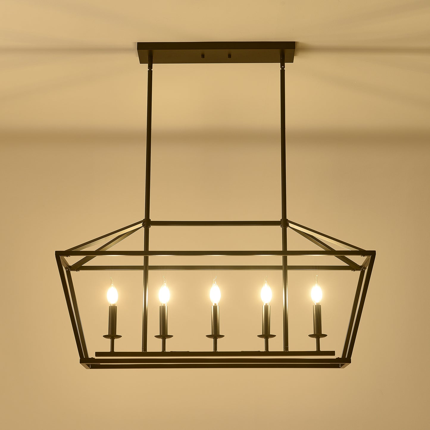Black rectangular pendant light with five candle bulbs