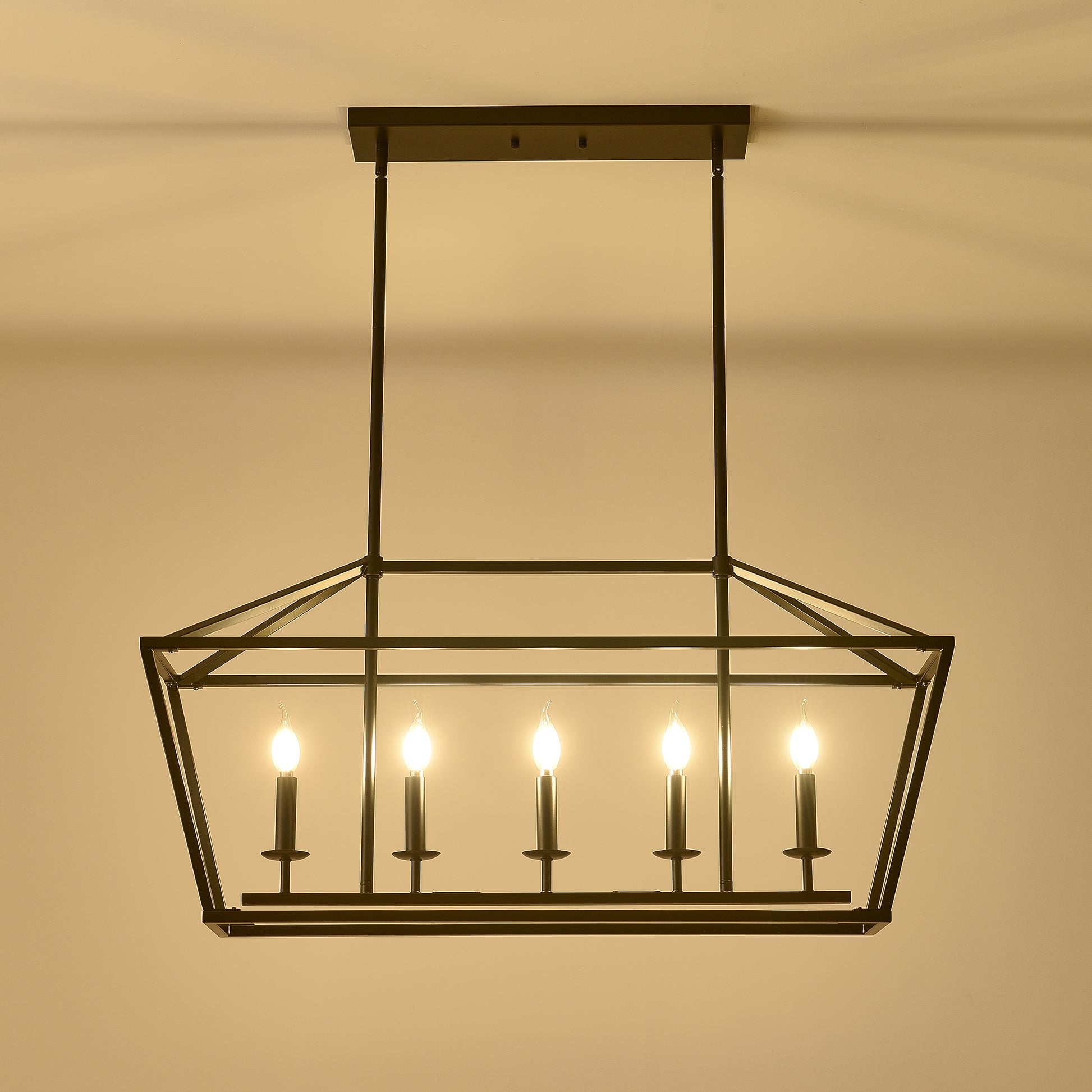 Black rectangular pendant light with five candle bulbs