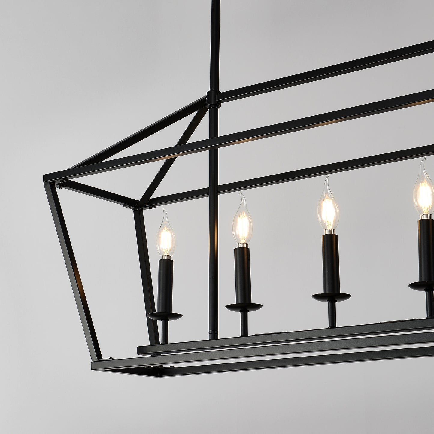 Black metal geometric chandelier with five candelabra bulbs