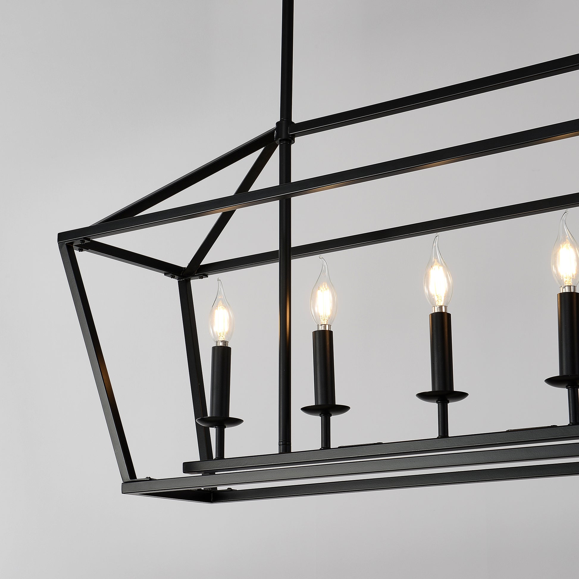 Black metal geometric chandelier with five candelabra bulbs