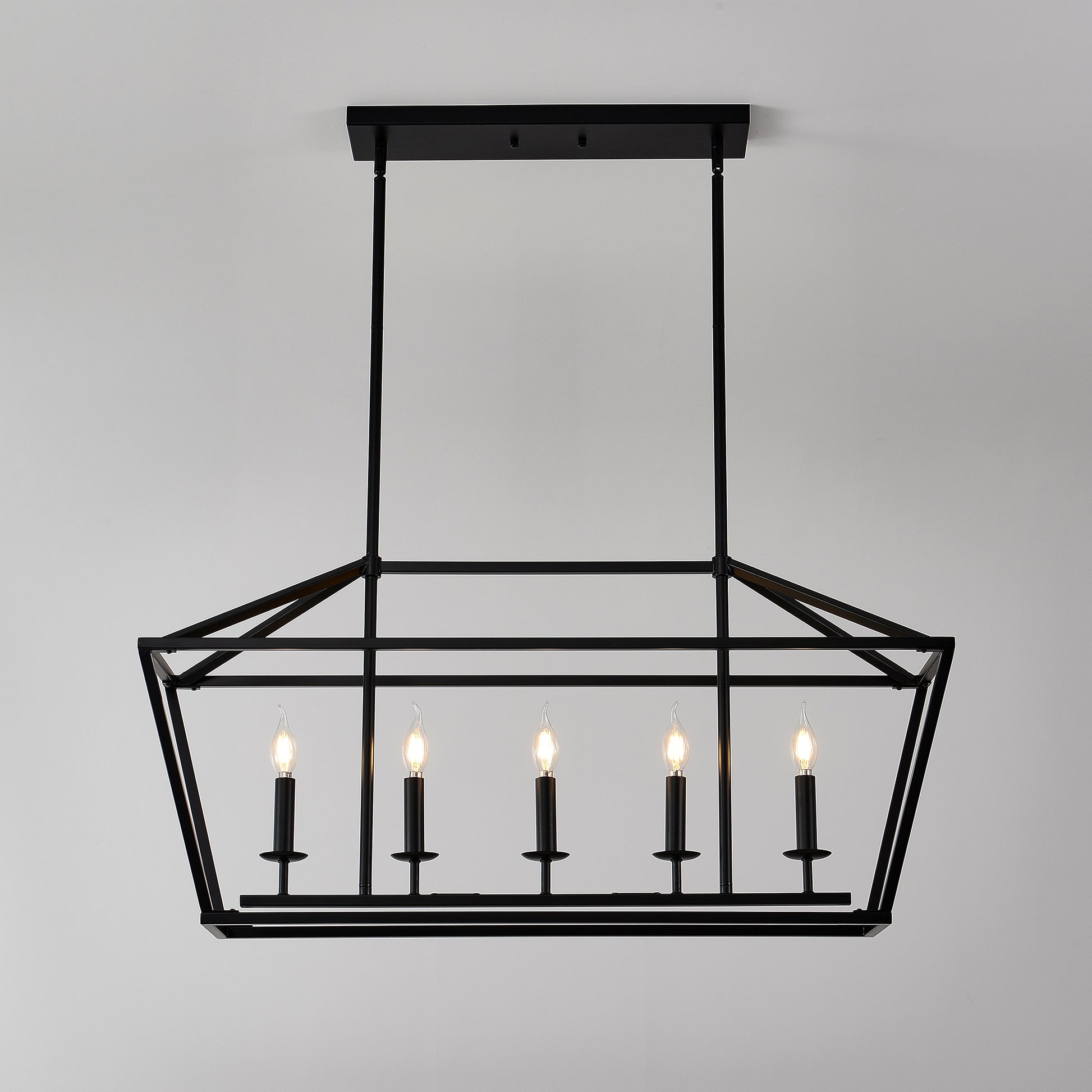Black geometric chandelier with five candelabra bulbs