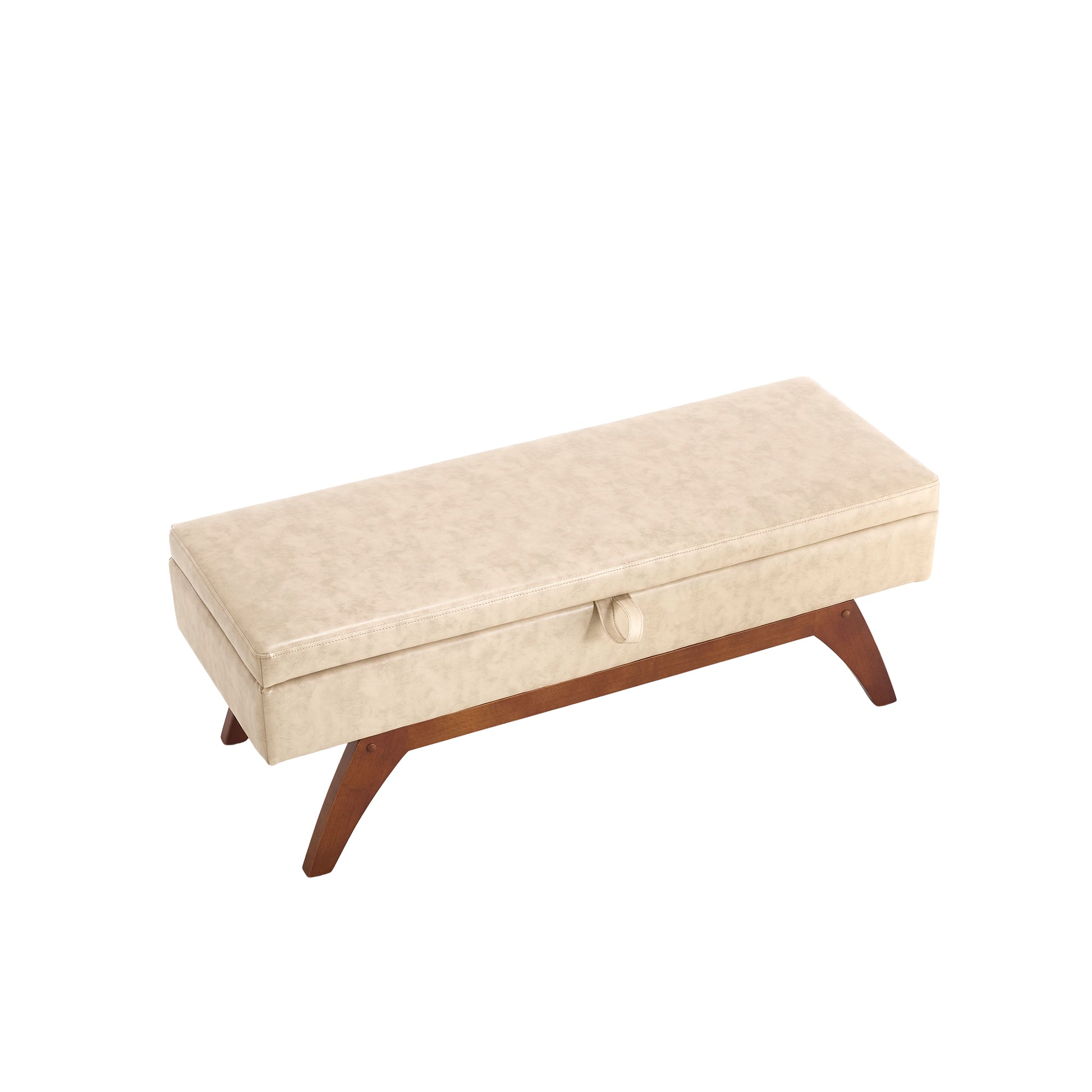 Beige faux leather storage bench with wooden legs and pull tab