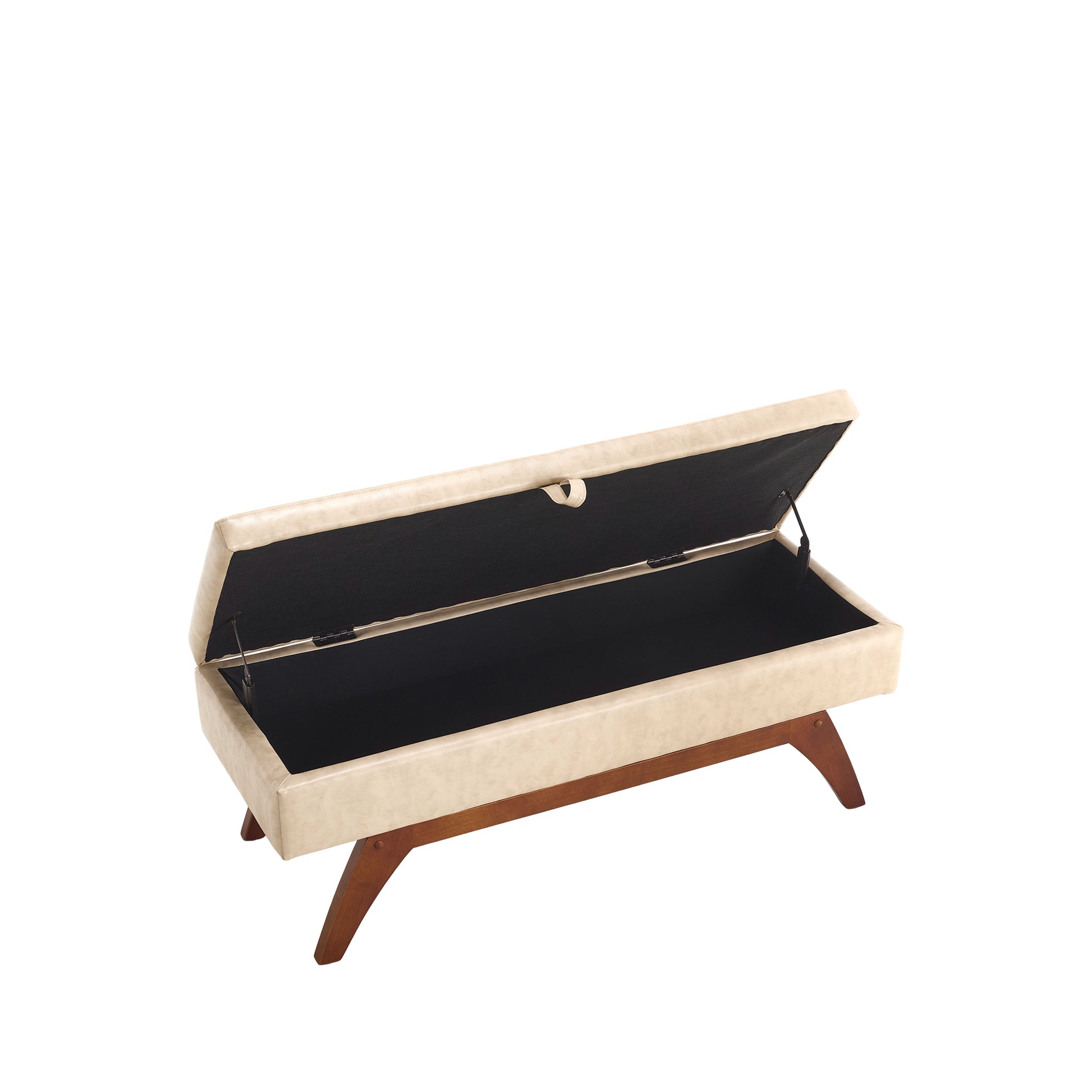 Beige faux leather storage ottoman with dark interior and tapered wooden legs