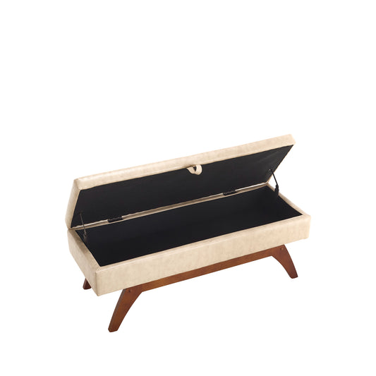Beige faux leather storage ottoman with dark interior and tapered wooden legs